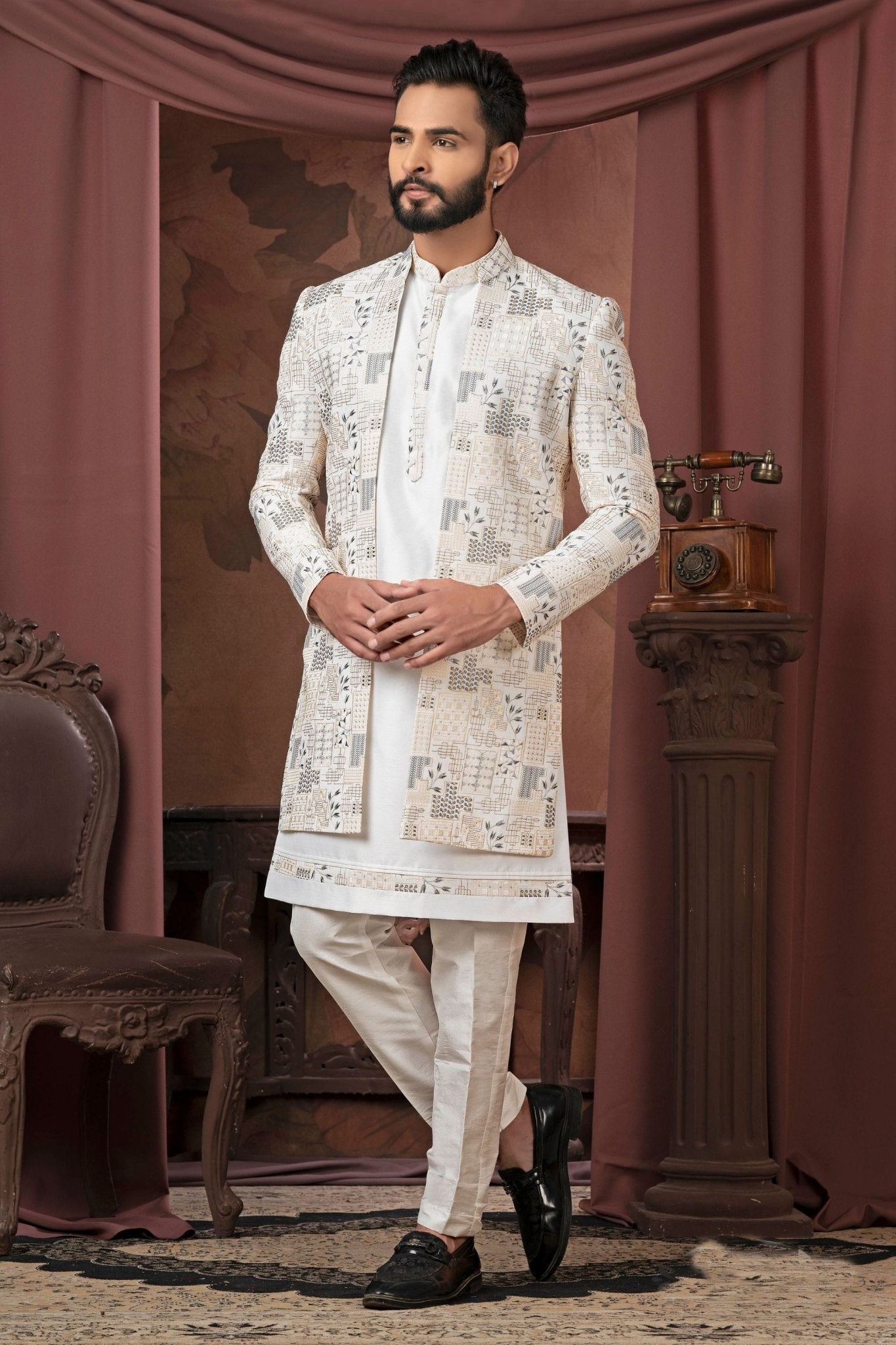 Men's Ivory Thread Embroidered Indo - Western with Geometric and Leaf Pattern Jacket - Mangaldeep NX