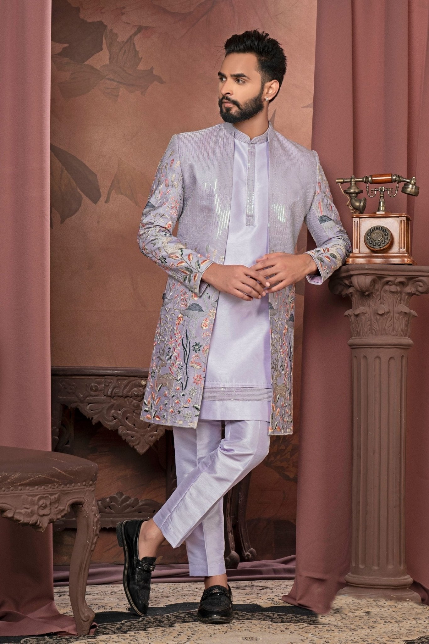 Men's Lavender Mirror and Floral Embroidered Indo-Western with Pastel