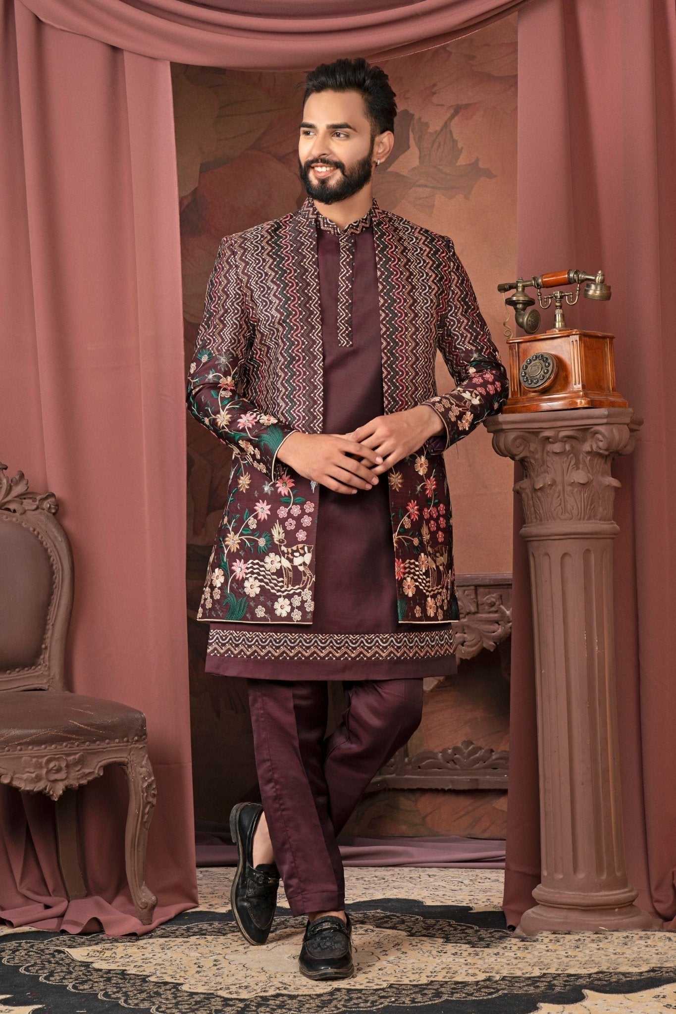 Men's Maroon Silk Floral Embroidered Indo - Western with Zigzag Pattern Jacket - Mangaldeep NX