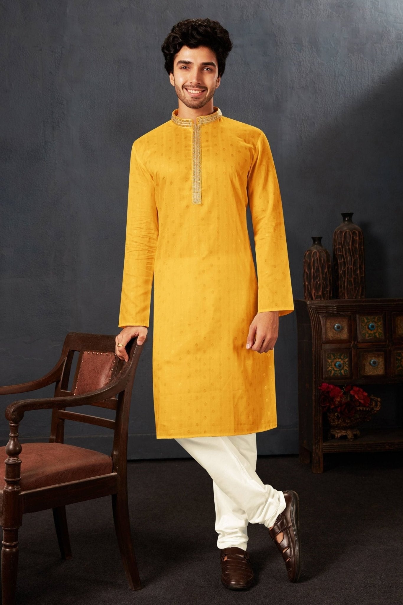 Men's Mustard Yellow Art Silk Kurta Pyjama Set with Mirror Embroidered Placket - Mangaldeep NX