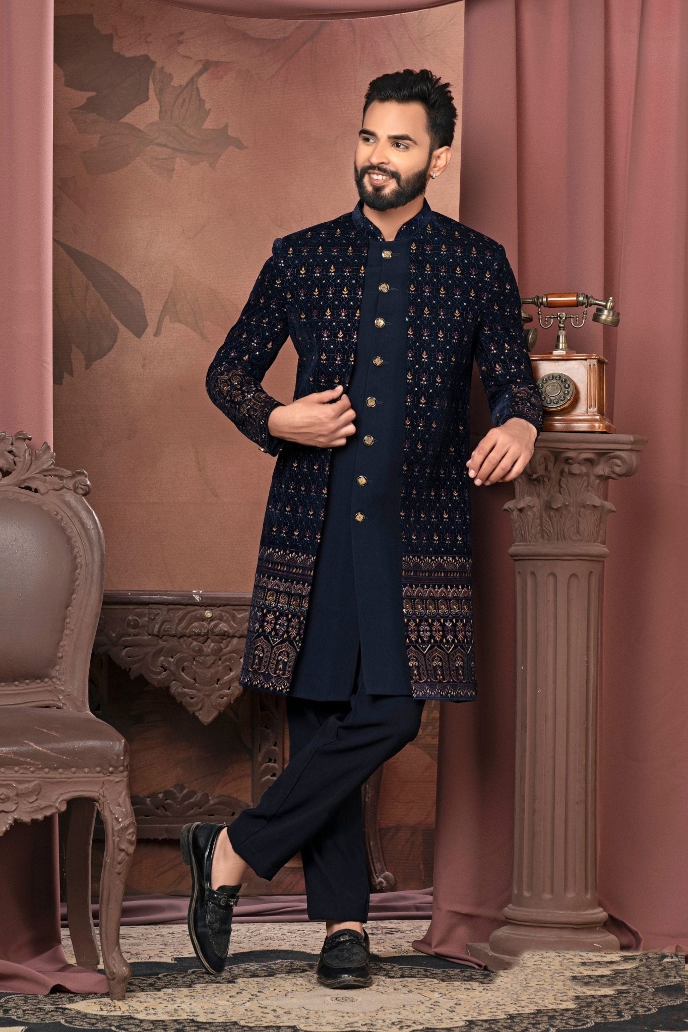 Men's Navy Blue Embroidered Velvet Indo - Western Outfit for Weddings and Festive Events - Mangaldeep NX