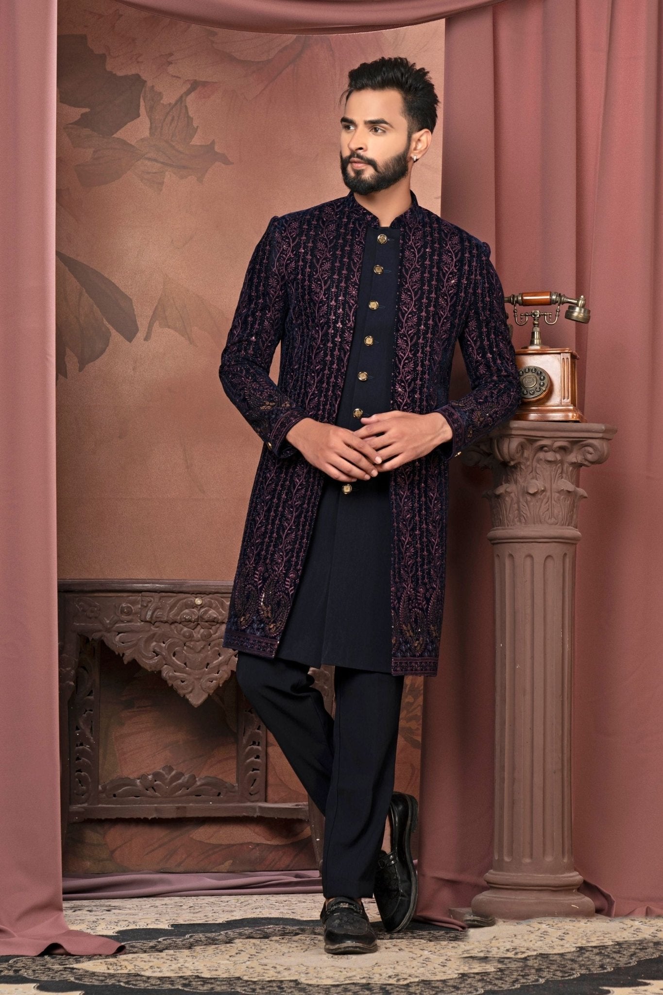 Men's Navy Blue Velvet Embroidered Indo - Western with Gold Buttons - Mangaldeep NX