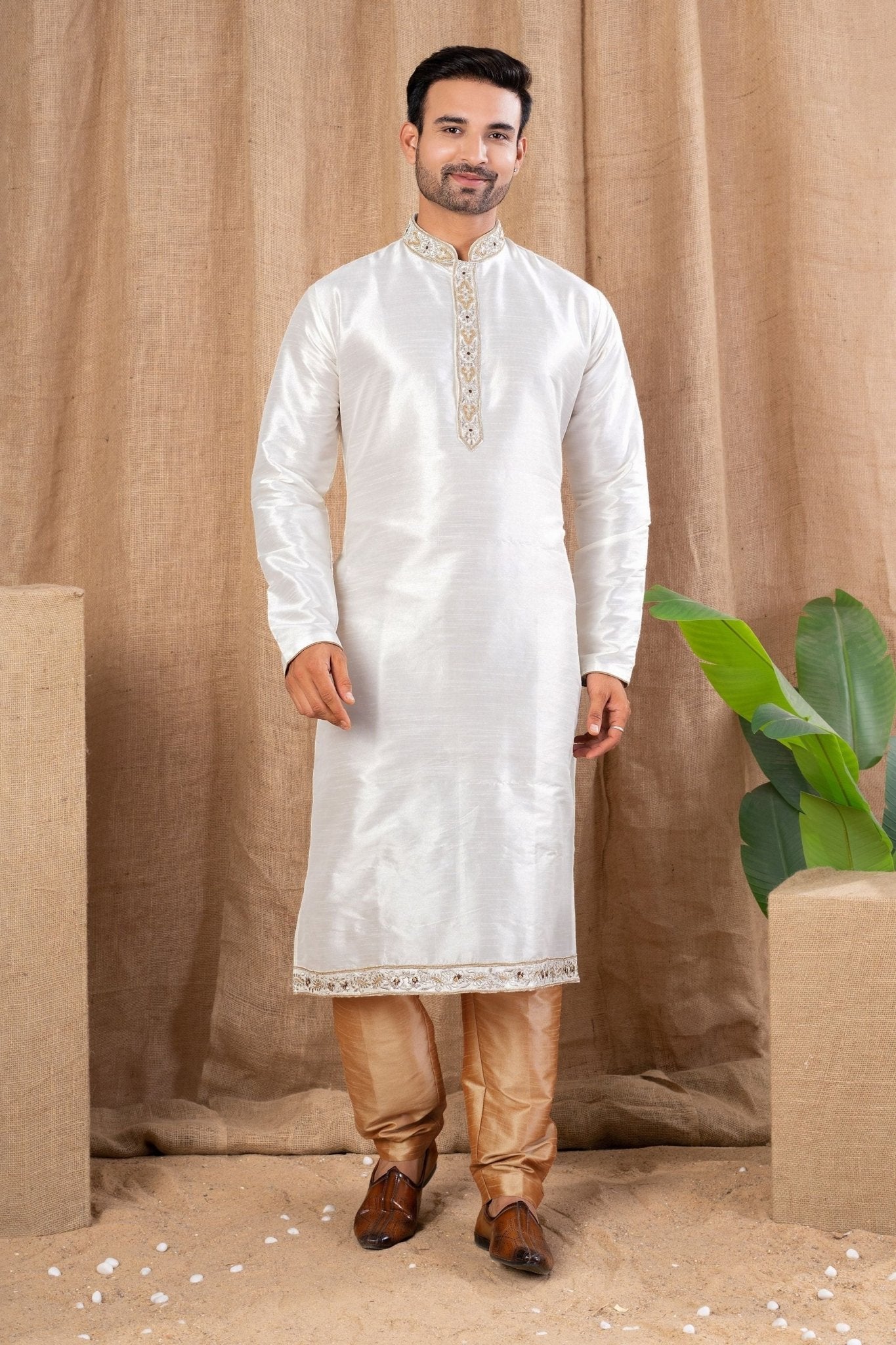 Men's Off - White Art Silk Kurta Pyjama Set with Embroidered Placket and Hem Detailing - Mangaldeep NX