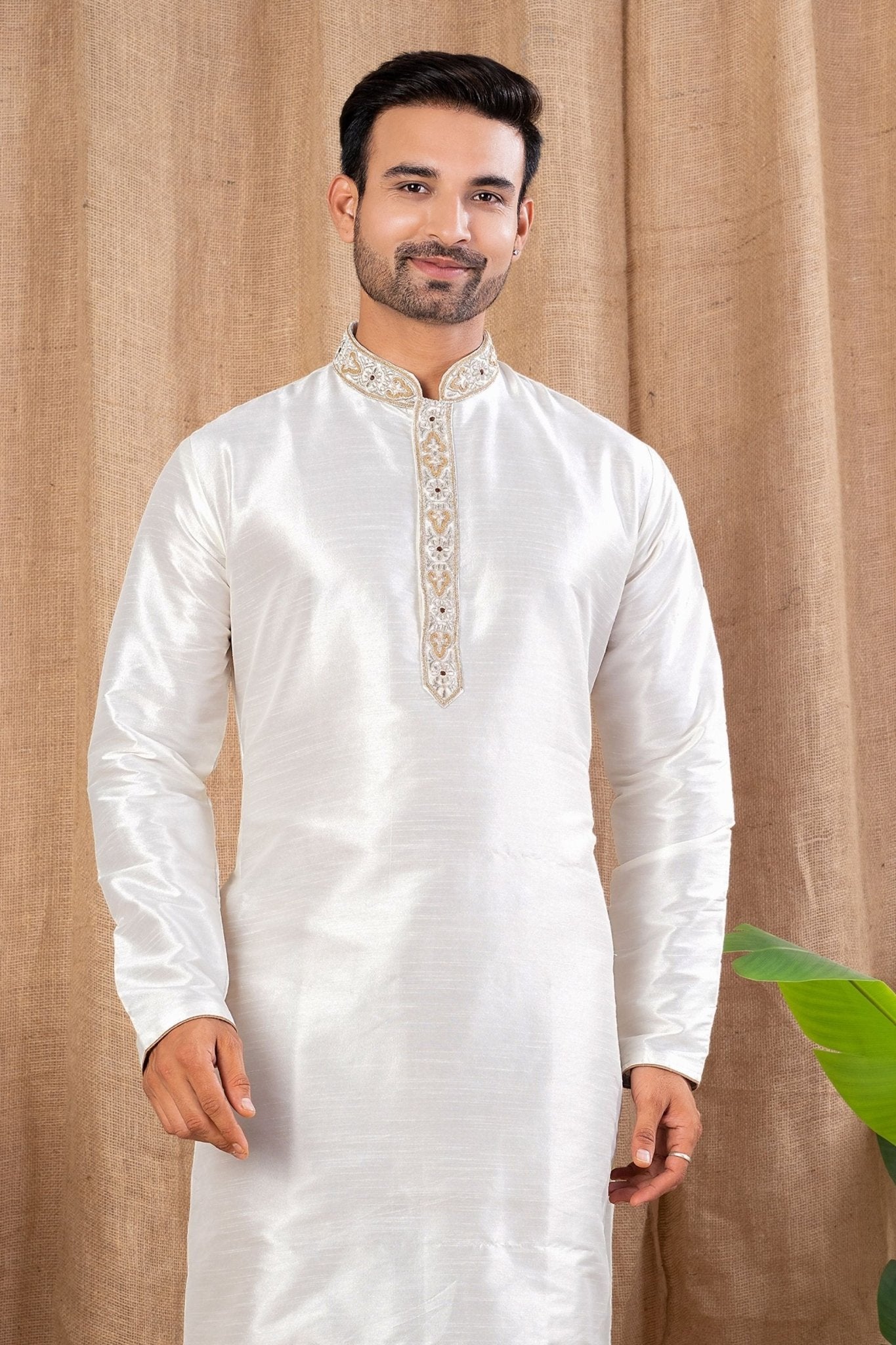 Men's Off - White Art Silk Kurta Pyjama Set with Embroidered Placket and Hem Detailing - Mangaldeep NX