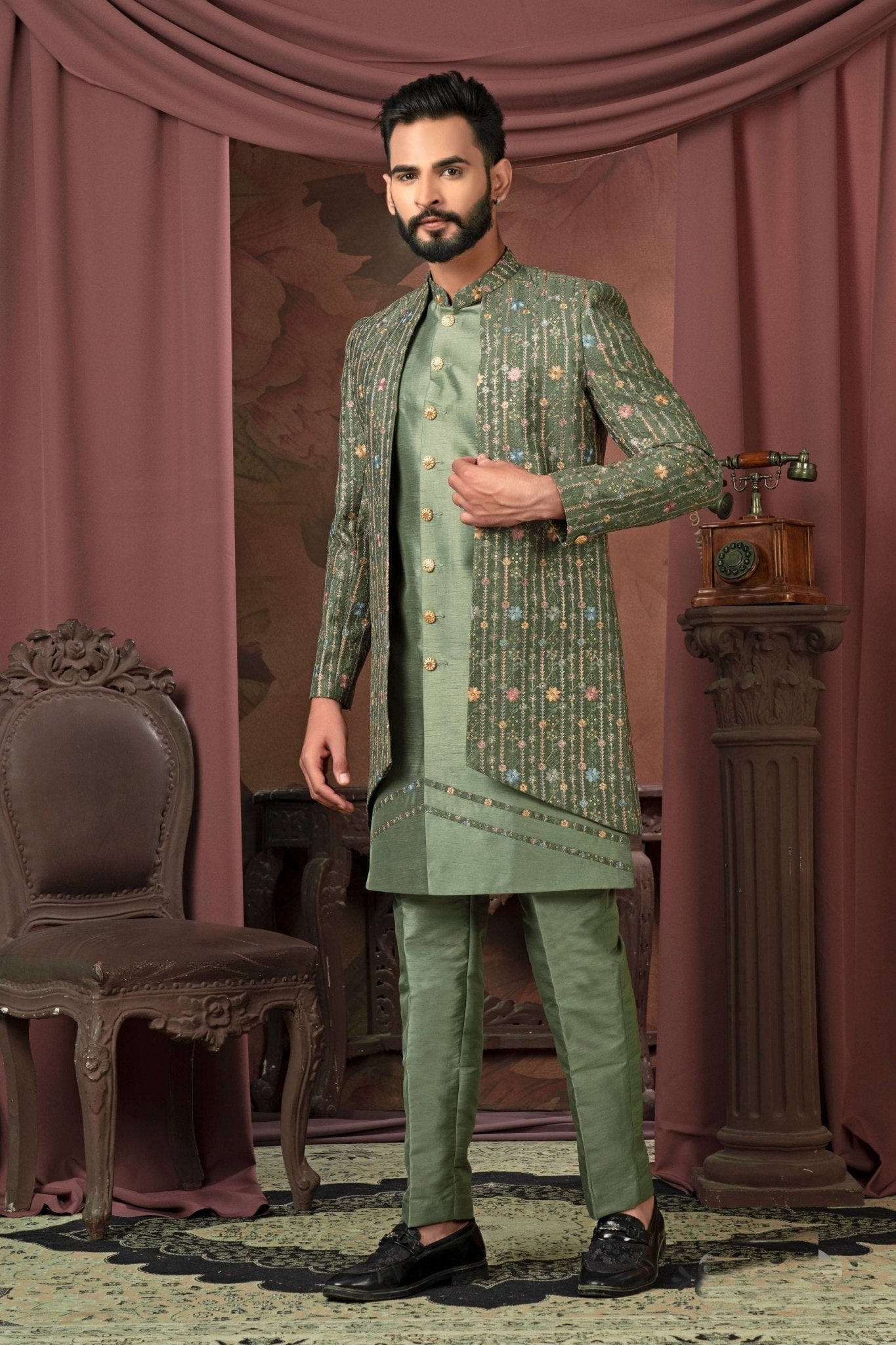 Men's Olive Green Mirror and Thread Embroidered Indo - Western with Sequinned Jacket - Mangaldeep NX