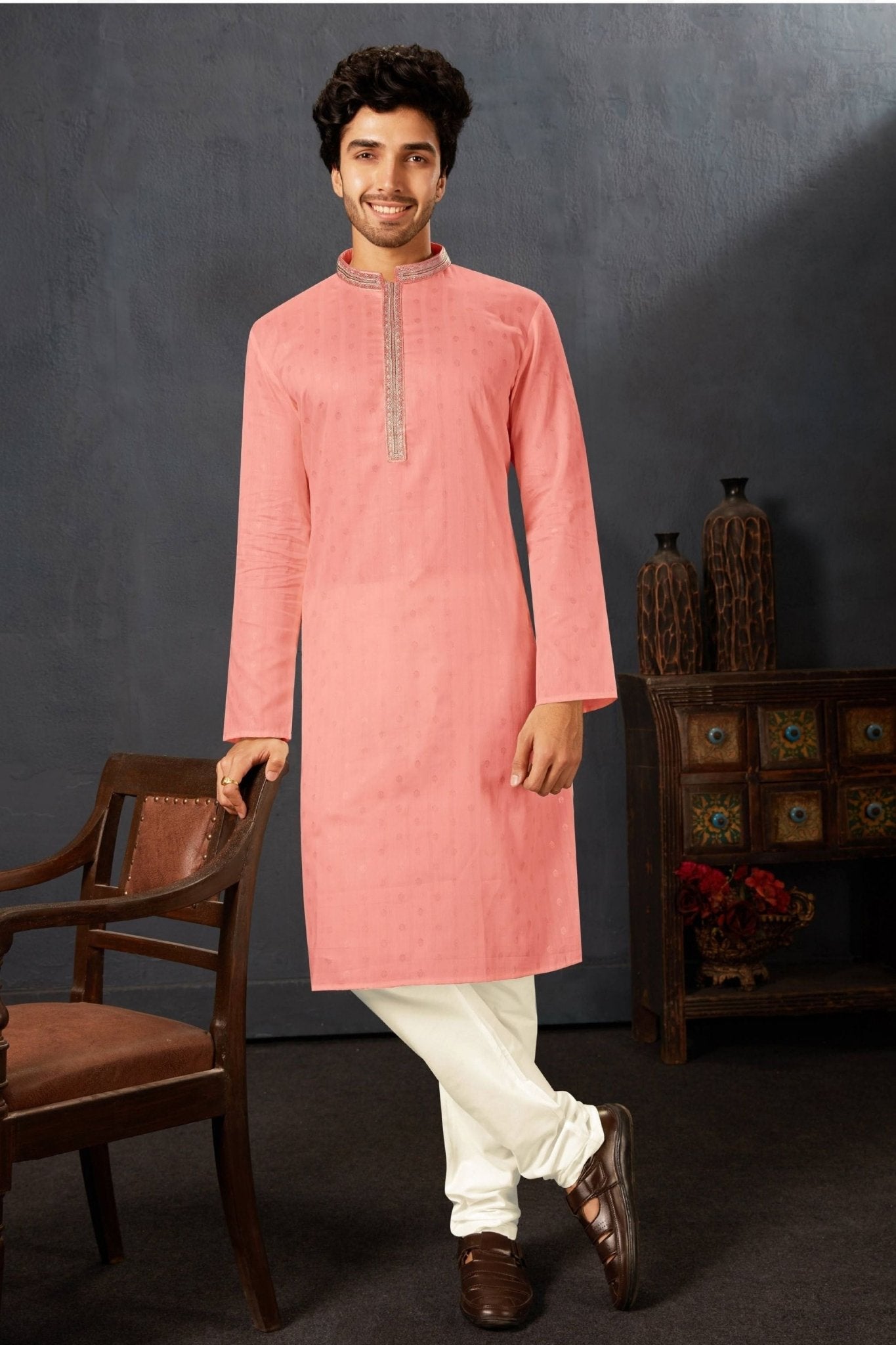 Men's Peach Art Silk Kurta Pyjama Set with Mirror Embroidered Placket - Mangaldeep NX