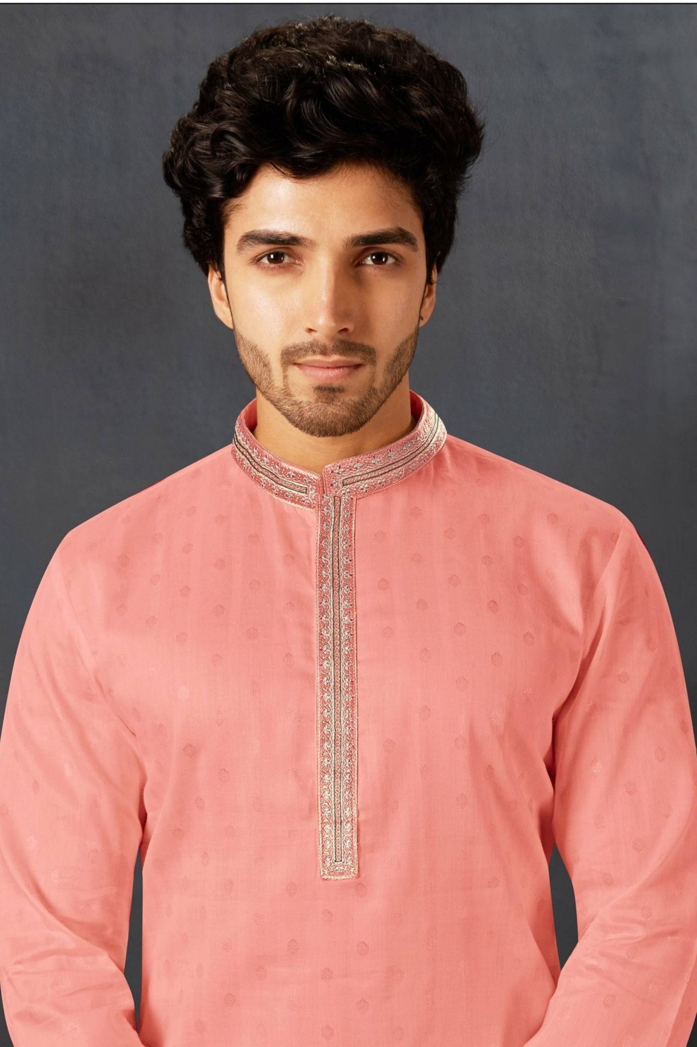 Men's Peach Art Silk Kurta Pyjama Set with Mirror Embroidered Placket - Mangaldeep NX