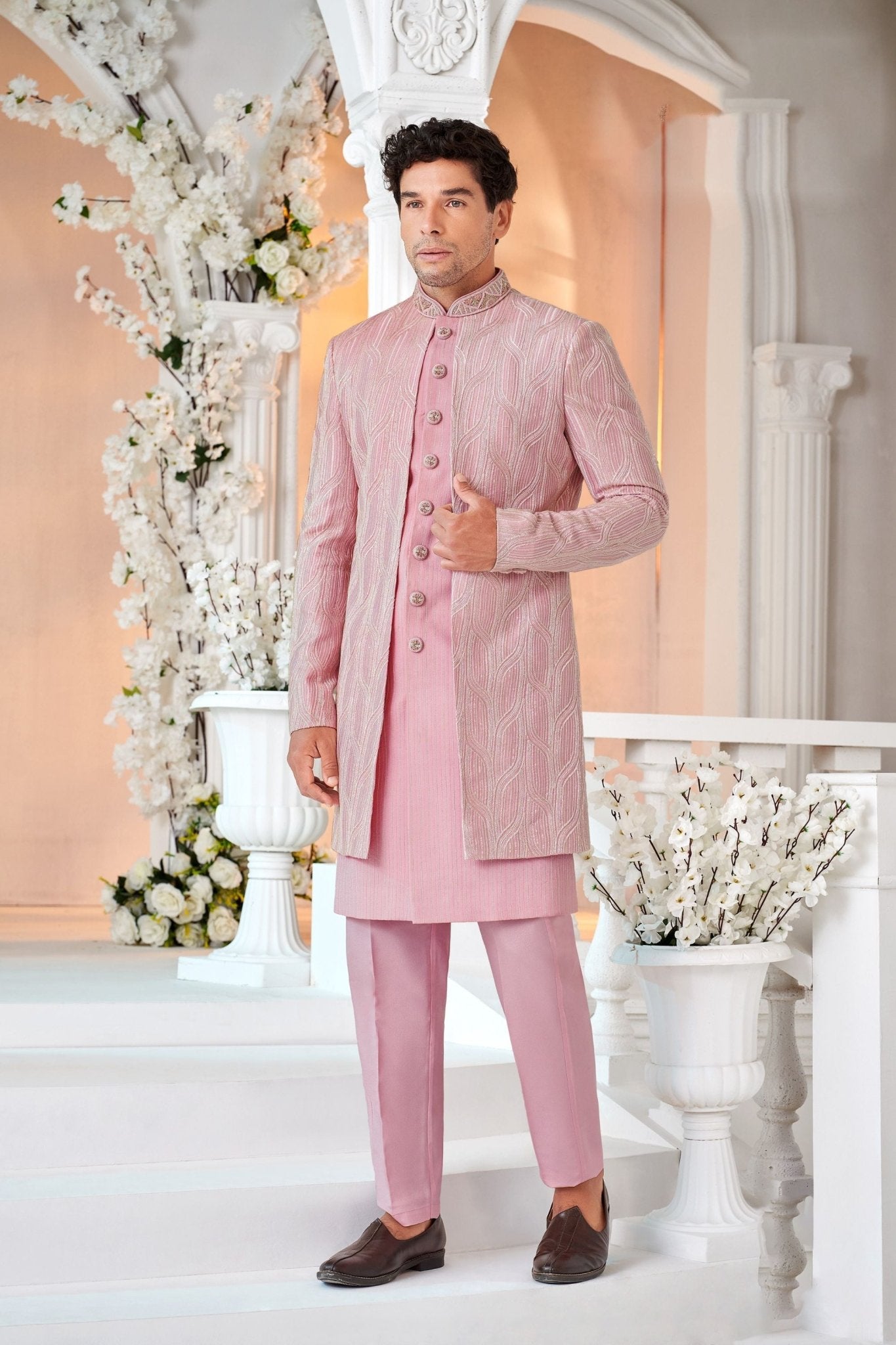 Men's Pink Art Silk Embroidered Indo - Western Suit with Textured Jacket - Mangaldeep NX