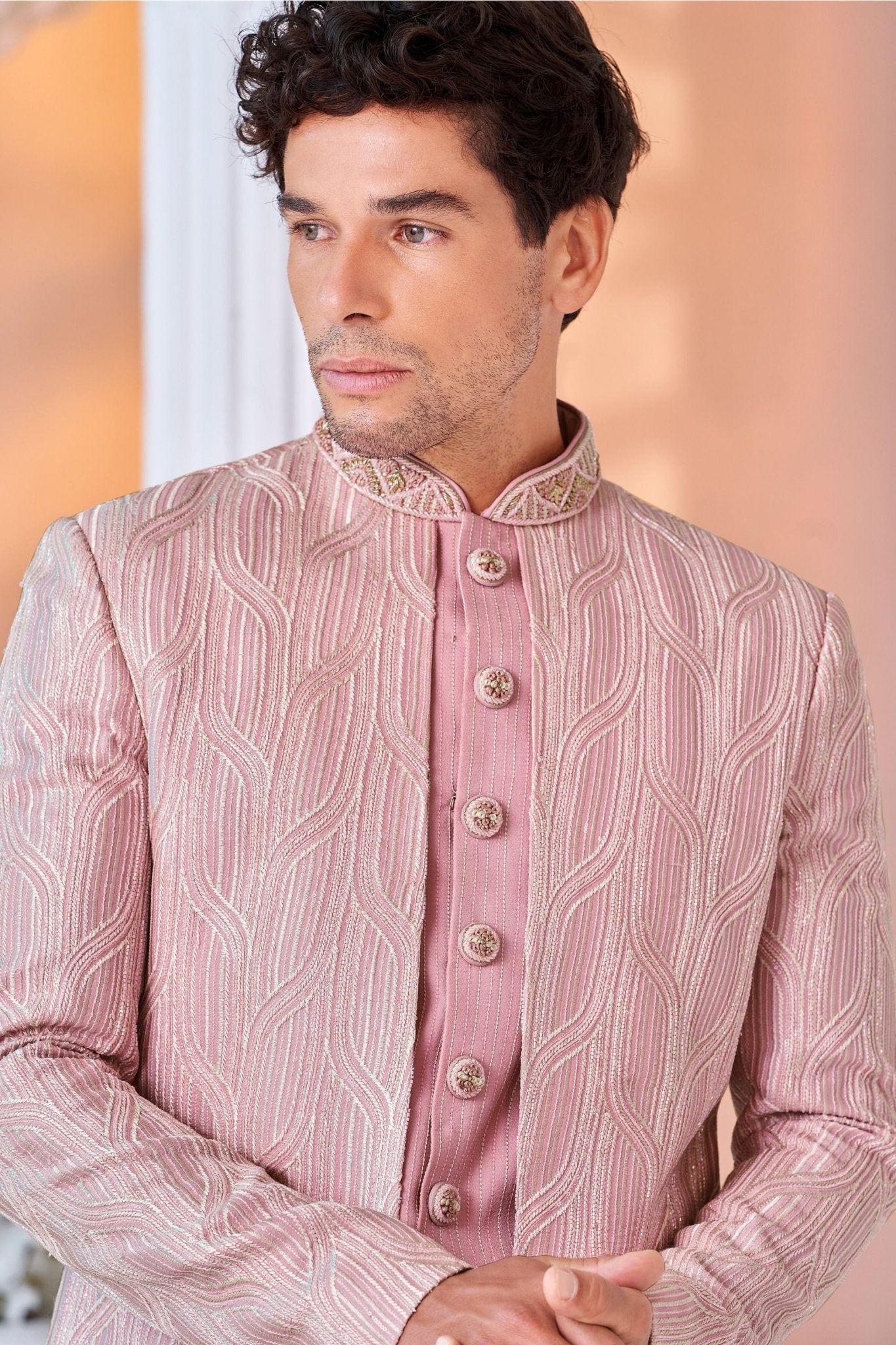 Men's Pink Art Silk Embroidered Indo - Western Suit with Textured Jacket - Mangaldeep NX