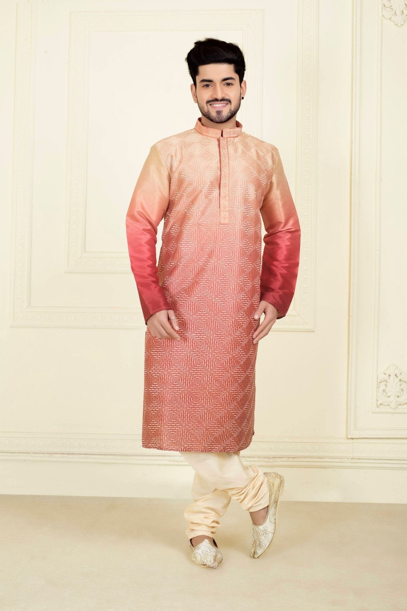 Men's Pink Art Silk Kurta Pyjama Set with Geometric Woven Pattern - Mangaldeep NX