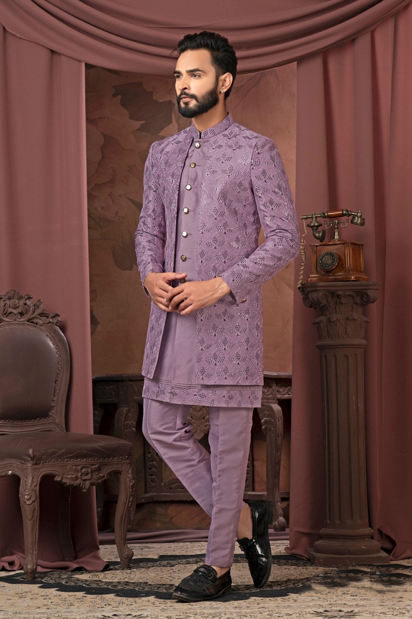 Men's Purple Thread Embroidered Indo - Western with Textured Floral Jacket - Mangaldeep NX