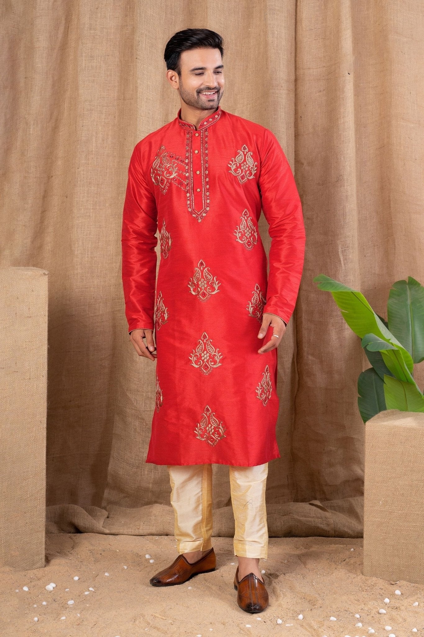 Men's Red Art Silk Kurta Pyjama Set with All - Over Embroidery and Mirror Work Placket - Mangaldeep NX