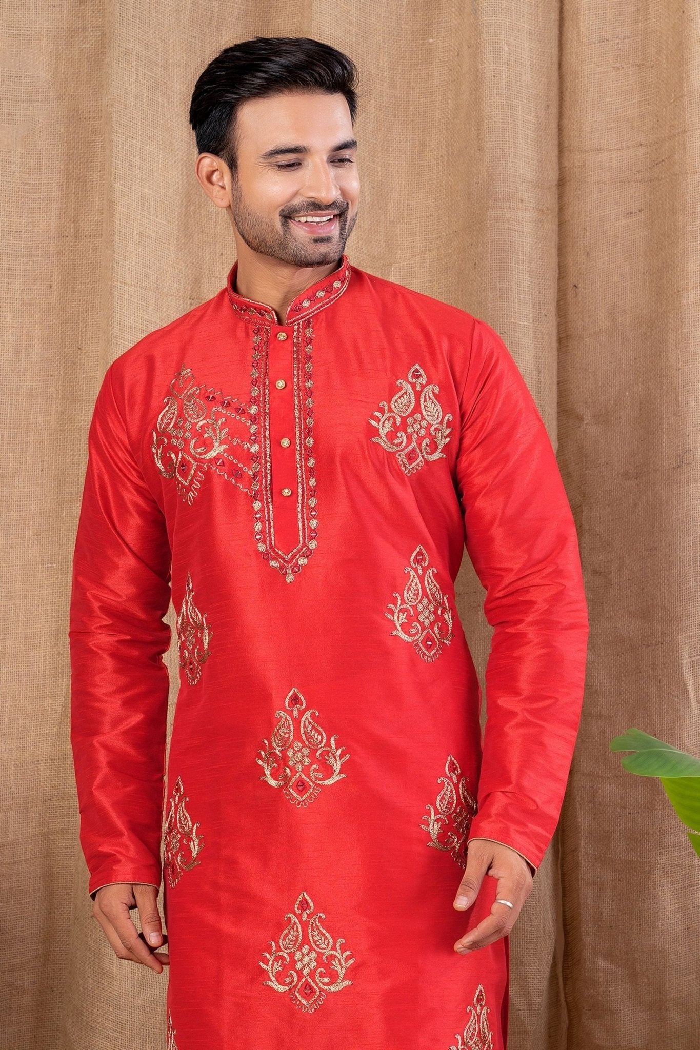 Men's Red Art Silk Kurta Pyjama Set with All - Over Embroidery and Mirror Work Placket - Mangaldeep NX