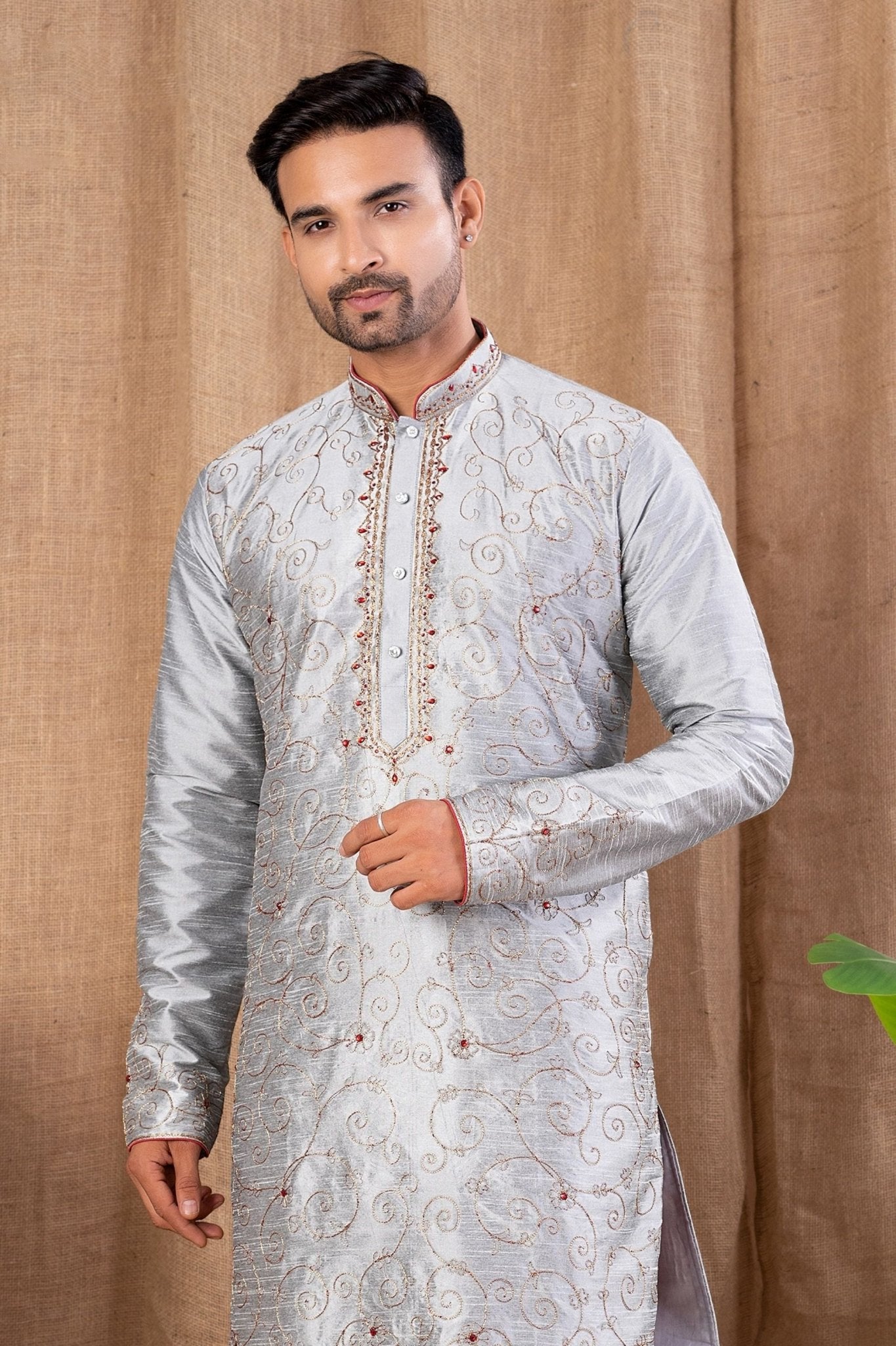Men's Silver Art Silk Kurta Pyjama Set with Heavy Thread Embroidery and Contrast Red Bottoms - Mangaldeep NX