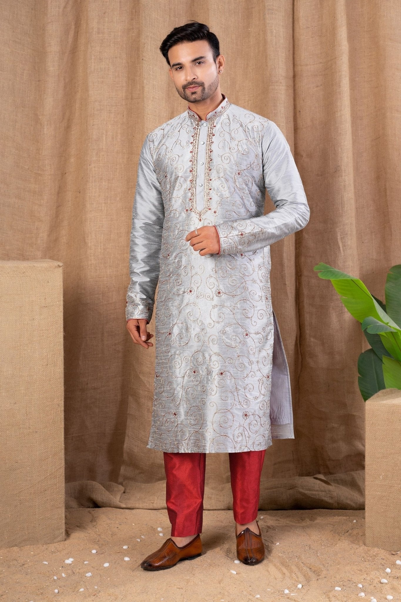 Men's Silver Art Silk Kurta Pyjama Set with Heavy Thread Embroidery and Contrast Red Bottoms - Mangaldeep NX