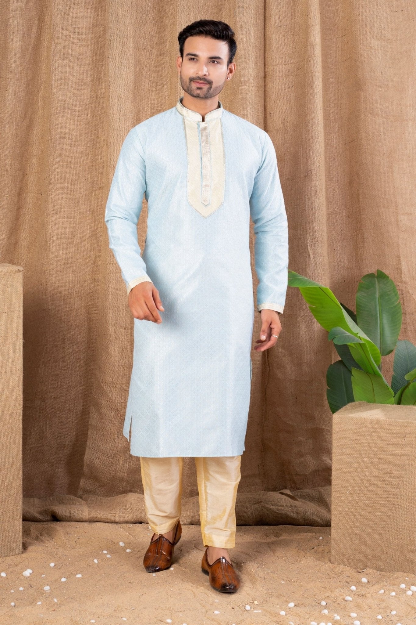 Men's Sky Blue Art Silk Kurta Pyjama Set with Subtle Self - Weave and Contrast Placket - Mangaldeep NX
