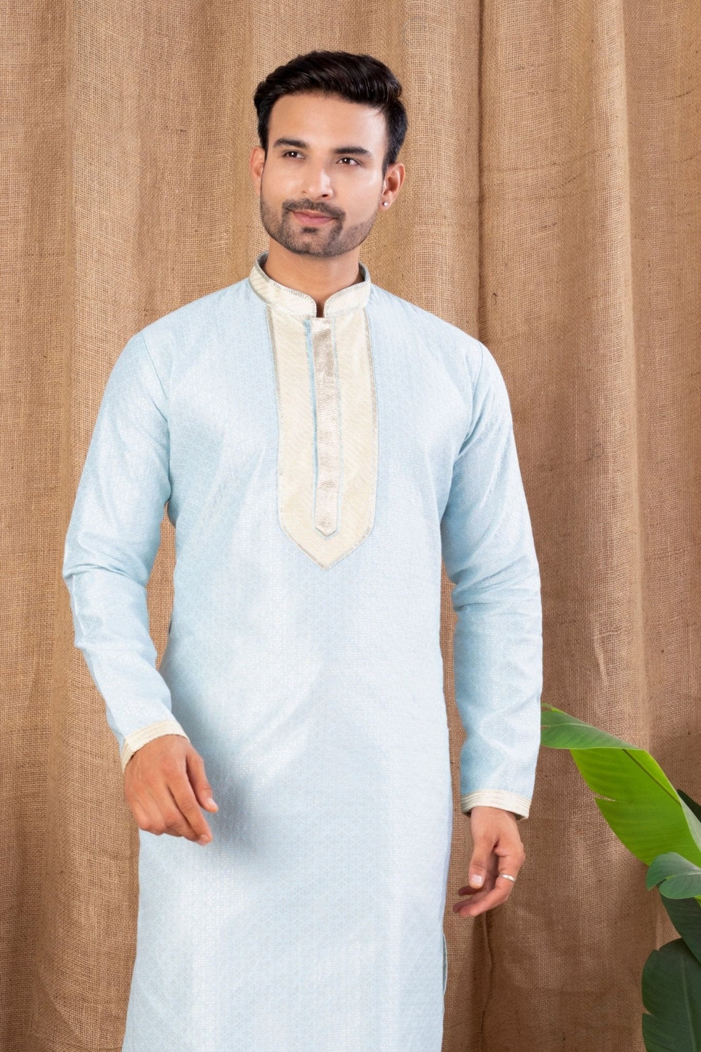 Men's Sky Blue Art Silk Kurta Pyjama Set with Subtle Self - Weave and Contrast Placket - Mangaldeep NX