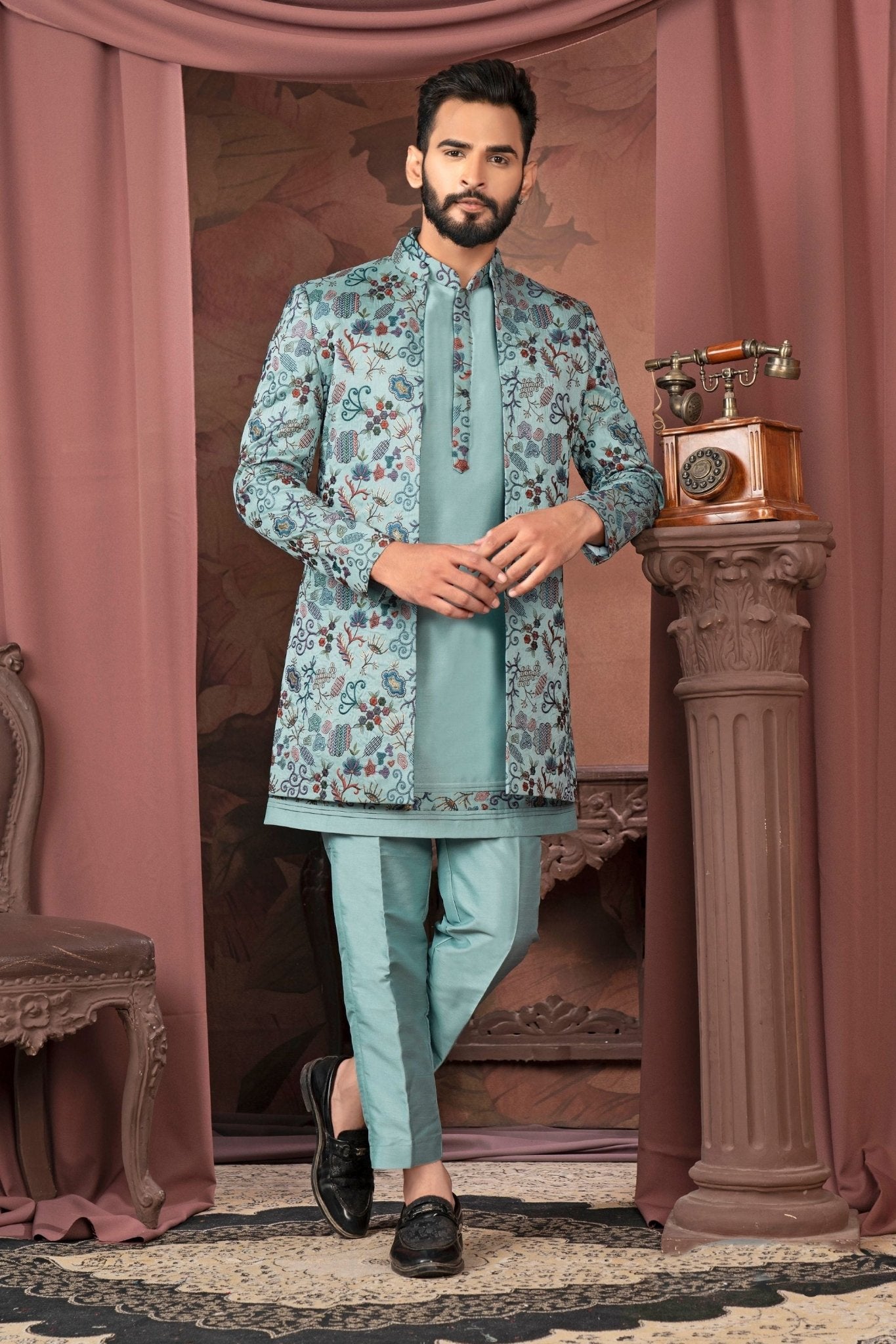 Men's Sky Blue Floral Embroidered Indo-Western Outfit for Weddings and