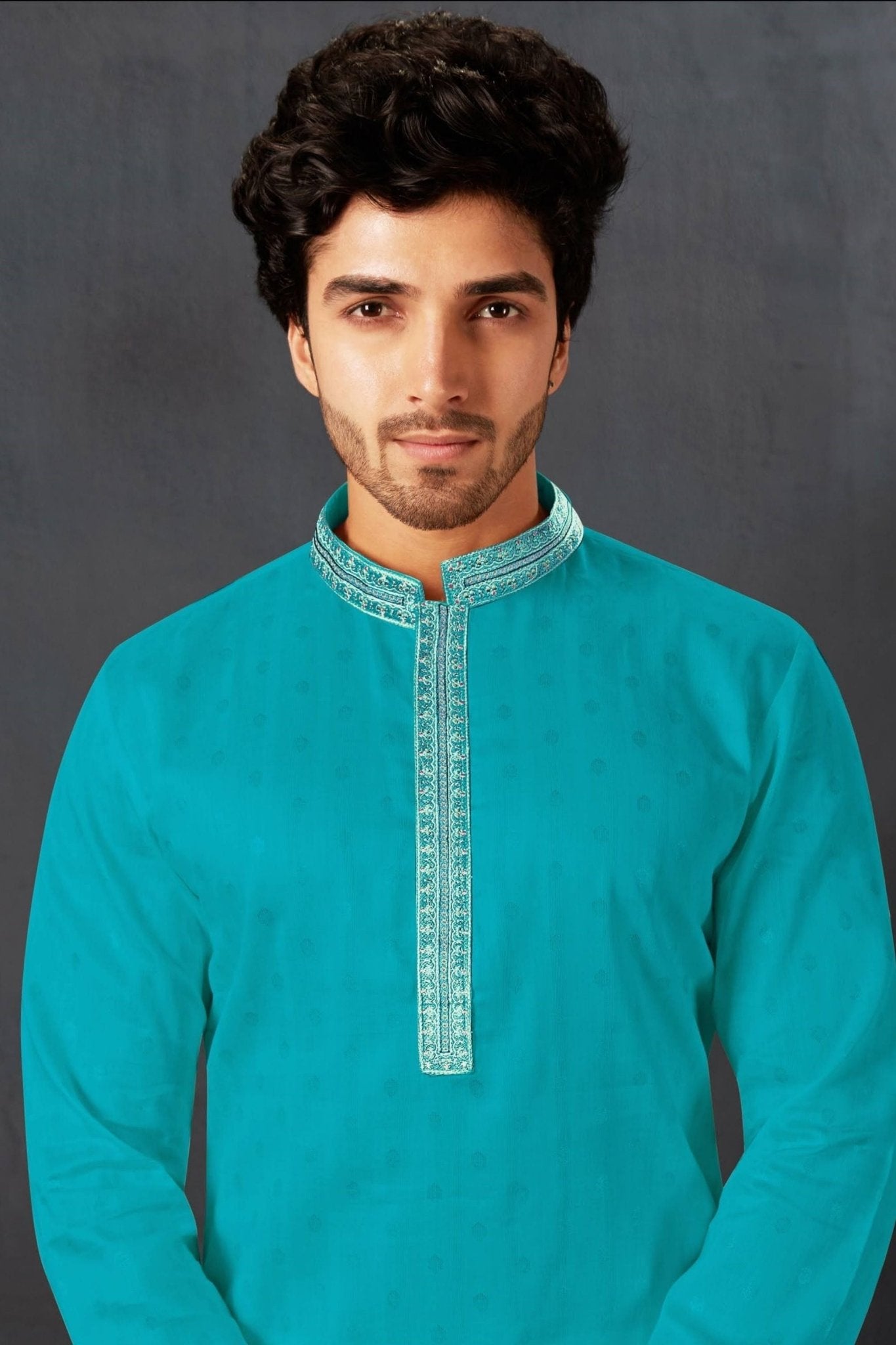 Men's Teal Blue Art Silk Kurta Pyjama Set with Mirror Embroidered Placket - Mangaldeep NX