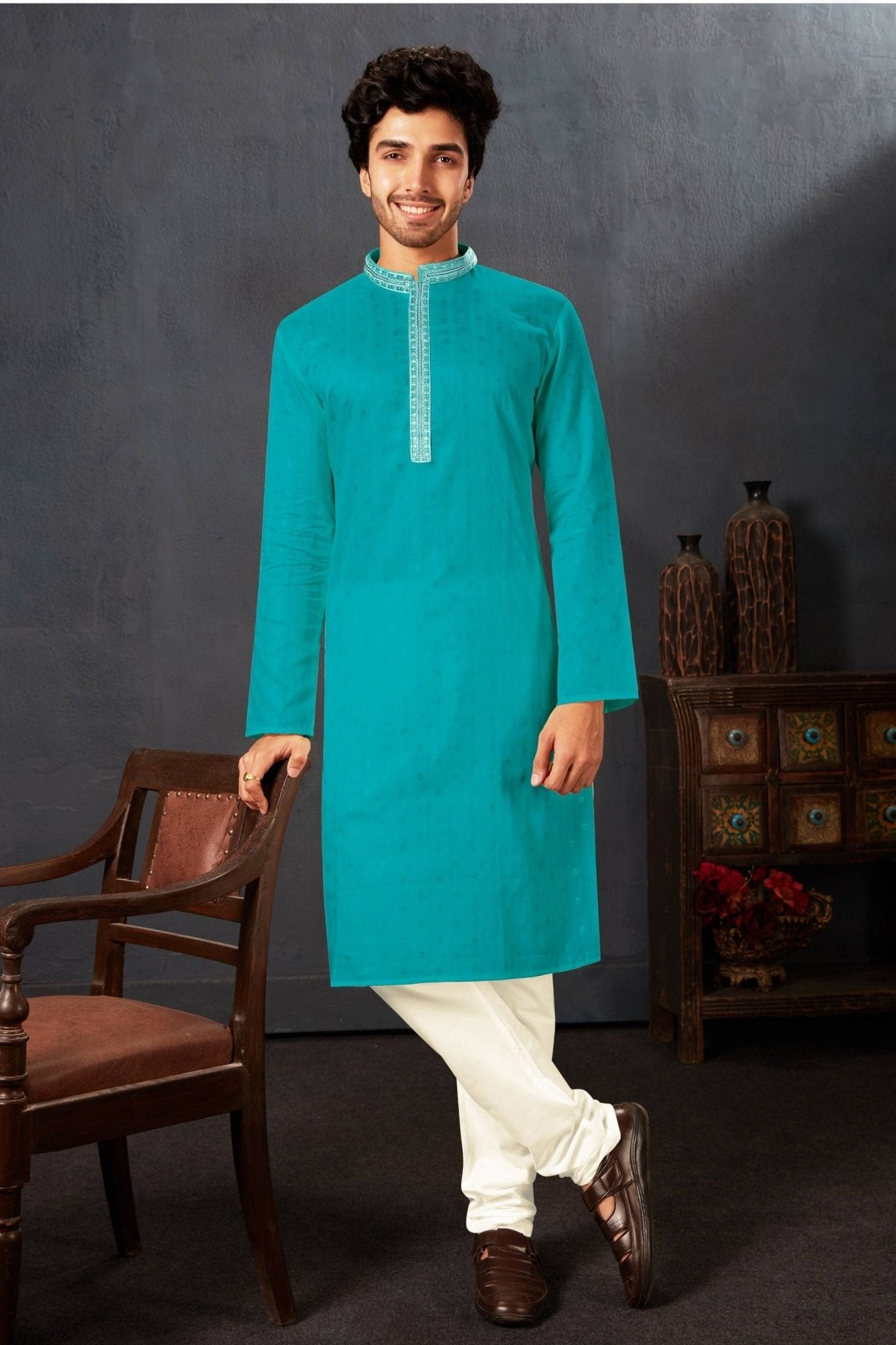 Men's Teal Blue Art Silk Kurta Pyjama Set with Mirror Embroidered Placket - Mangaldeep NX