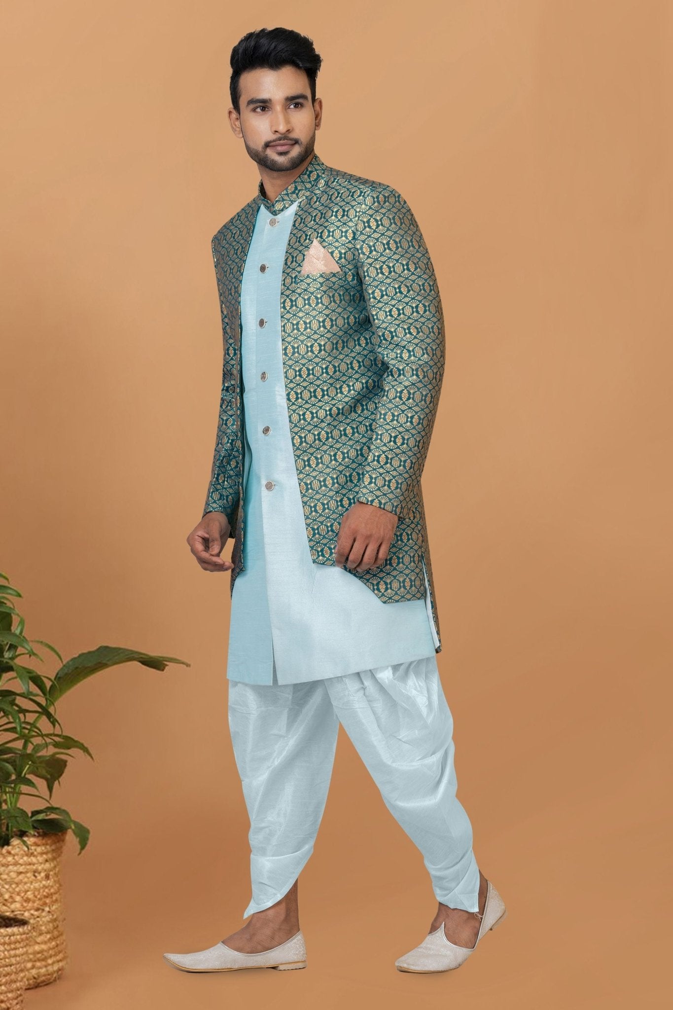 Men's Teal Blue Brocade Silk Indo Western Sherwani Dhoti Style - Mangaldeep NX