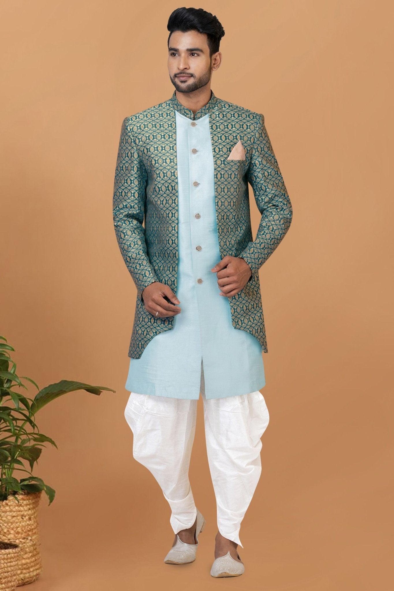 Men's Teal Blue Brocade Silk Indo Western Sherwani Dhoti Style - Mangaldeep NX