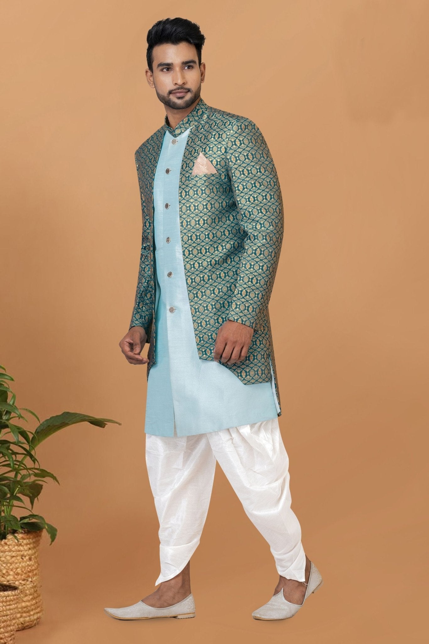 Men's Teal Blue Brocade Silk Indo Western Sherwani Dhoti Style - Mangaldeep NX