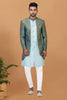 Men's Teal Blue Brocade Silk Indo Western Sherwani Pant Style - Mangaldeep NX