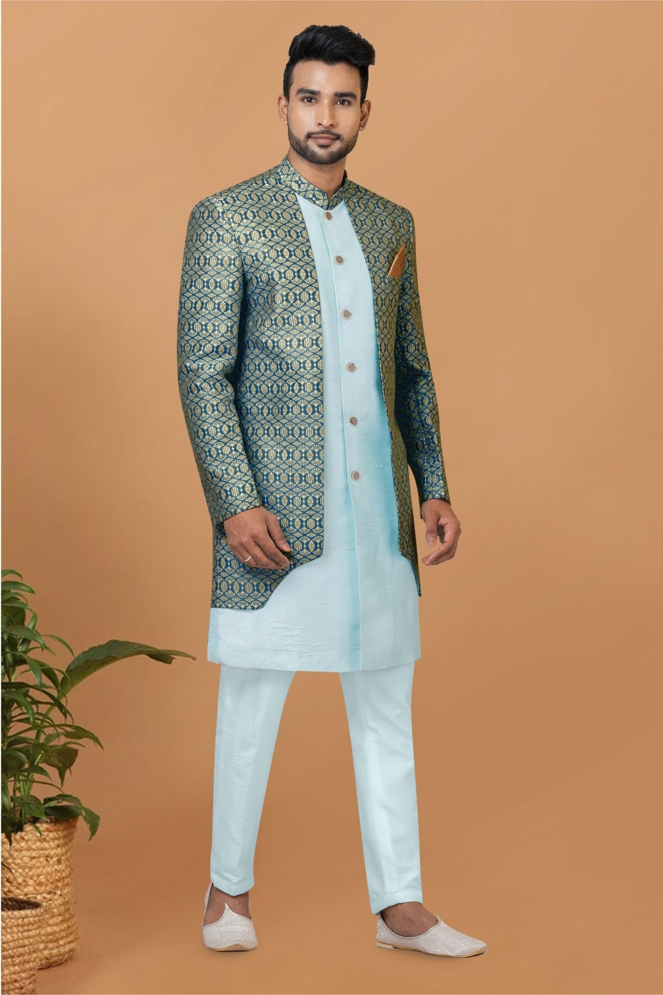 Men's Teal Blue Brocade Silk Indo Western Sherwani Pant Style - Mangaldeep NX