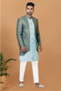 Men's Teal Blue Brocade Silk Indo Western Sherwani Pant Style - Mangaldeep NX
