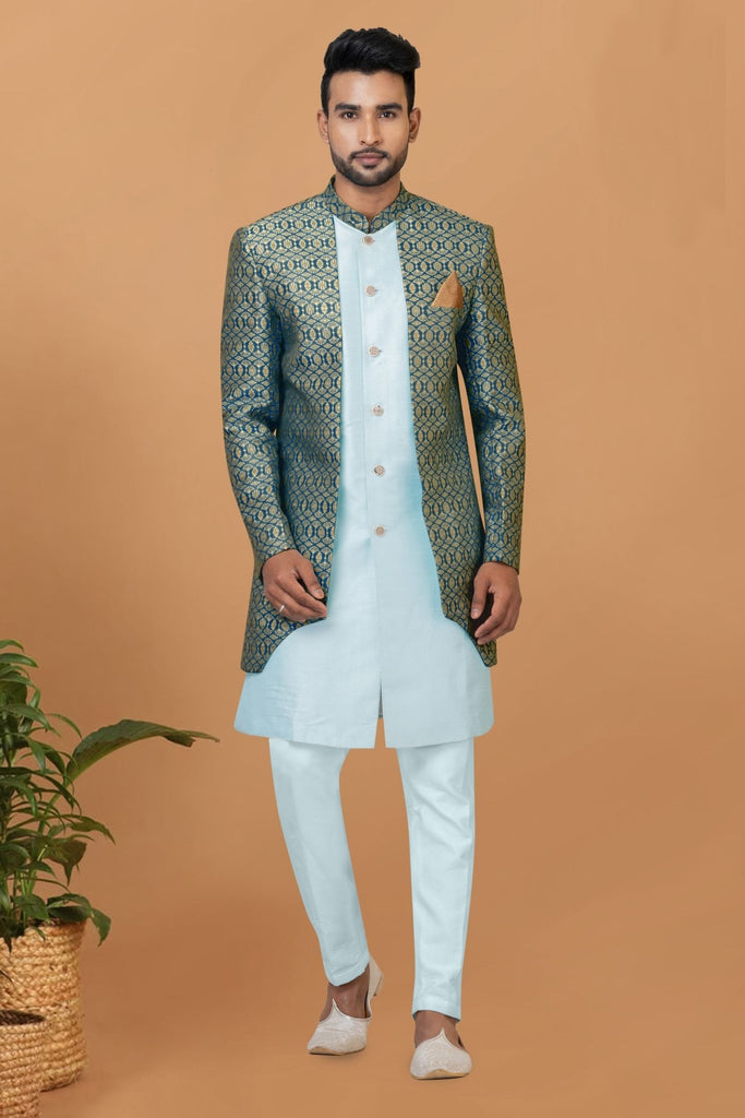 Men's Teal Blue Brocade Silk Indo Western Sherwani Pant Style - Mangaldeep NX