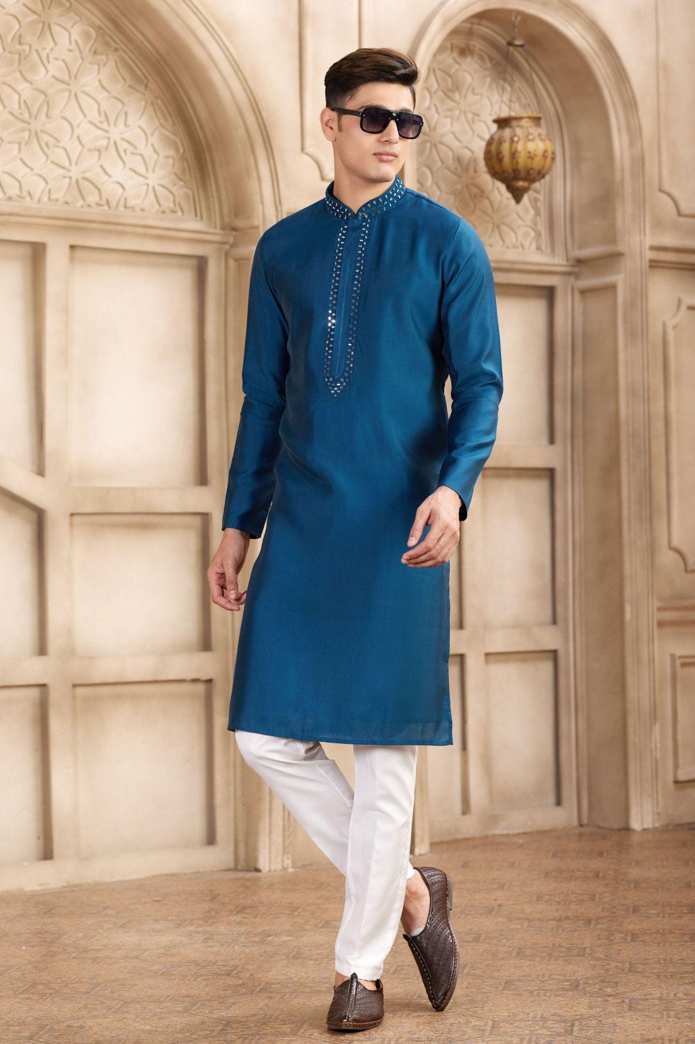 Men's Teal Blue Mirror Embroidered Art Silk Kurta with Off - White Pyjama - Mangaldeep NX