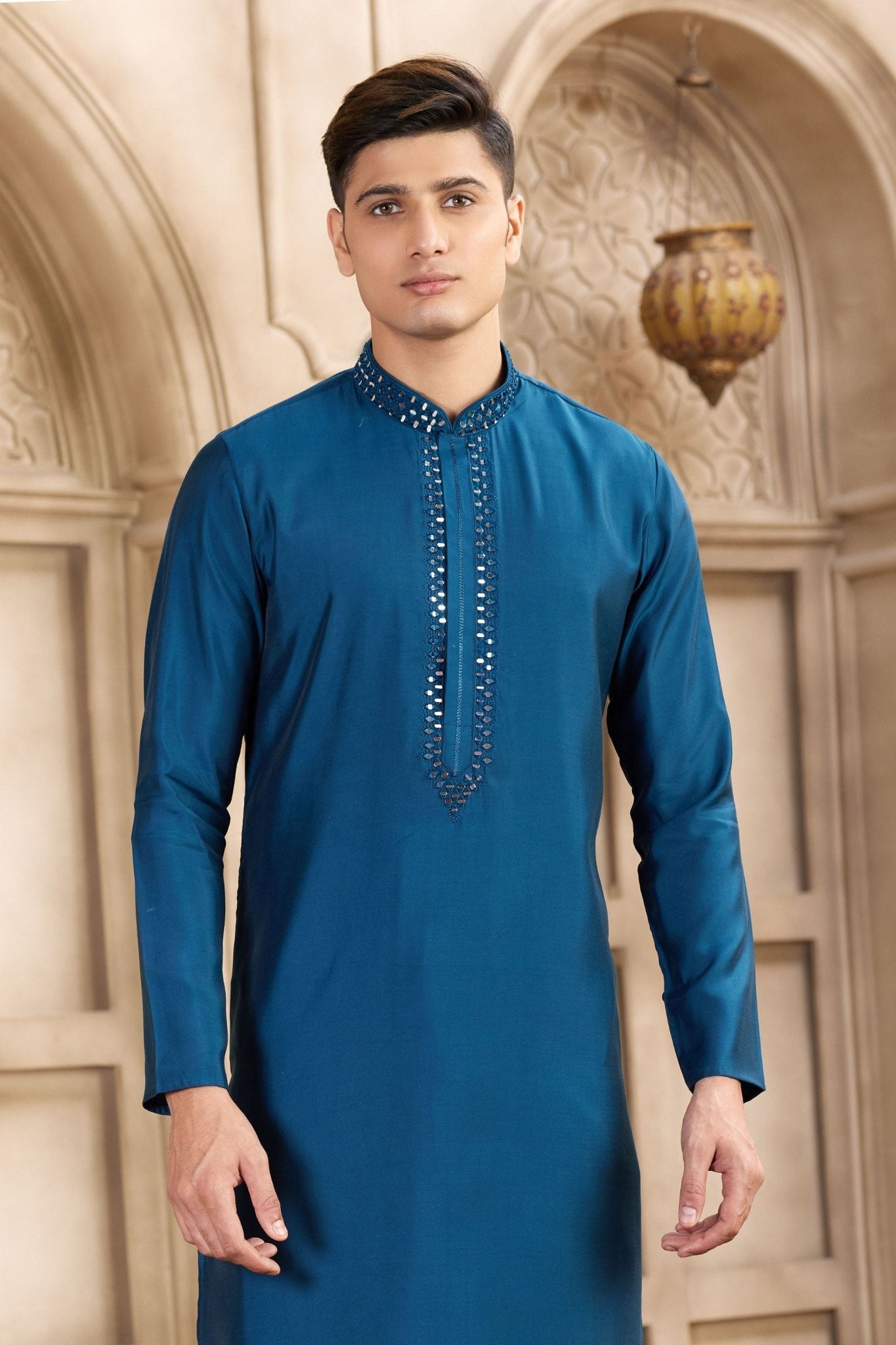 Men's Teal Blue Mirror Embroidered Art Silk Kurta with Off - White Pyjama - Mangaldeep NX