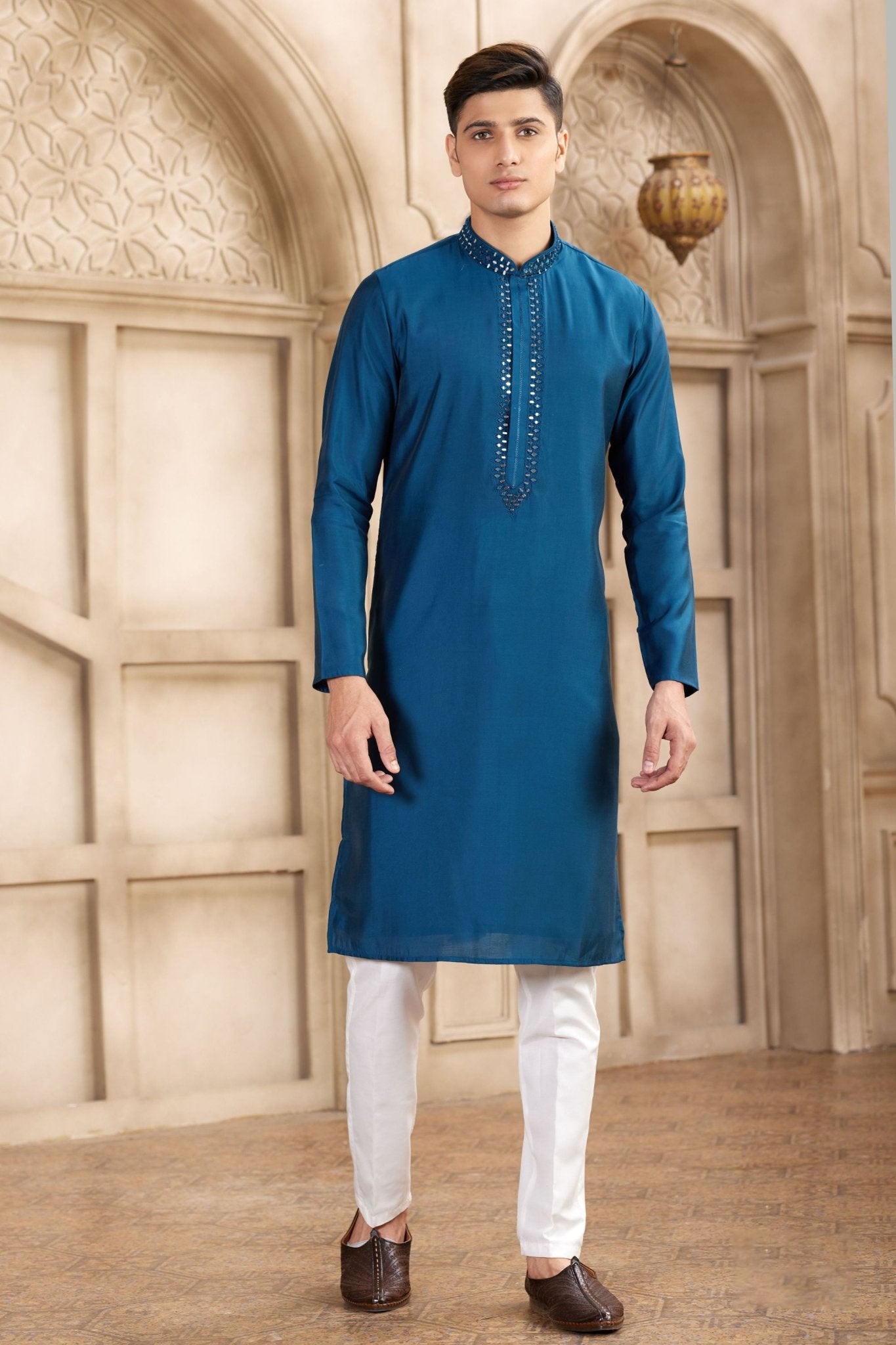 Men's Teal Blue Mirror Embroidered Art Silk Kurta with Off - White Pyjama - Mangaldeep NX