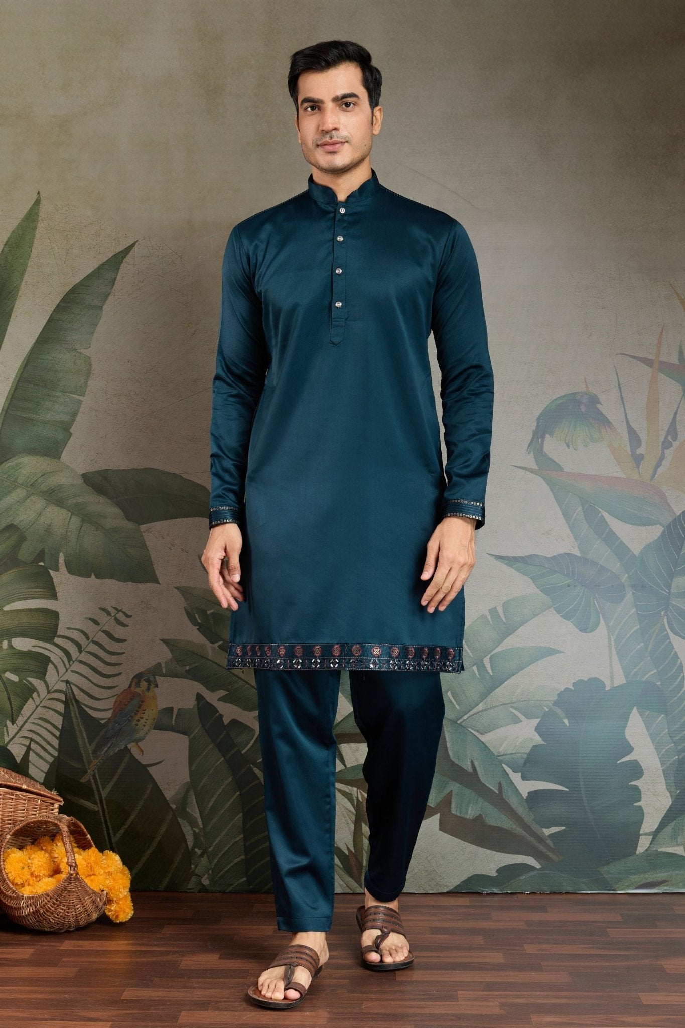 Men's Teal Green Mirror Embroidered Art Silk Kurta with Matching Pyjama - Mangaldeep NX