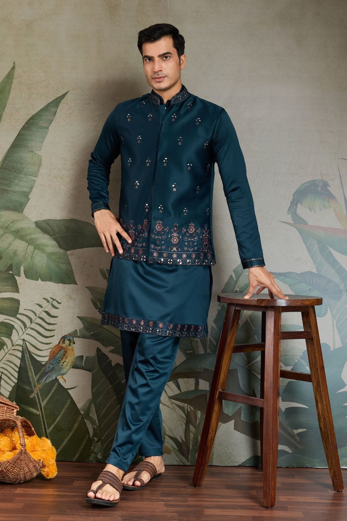 Men's Teal Green Mirror Embroidered Art Silk Kurta with Matching Pyjama - Mangaldeep NX