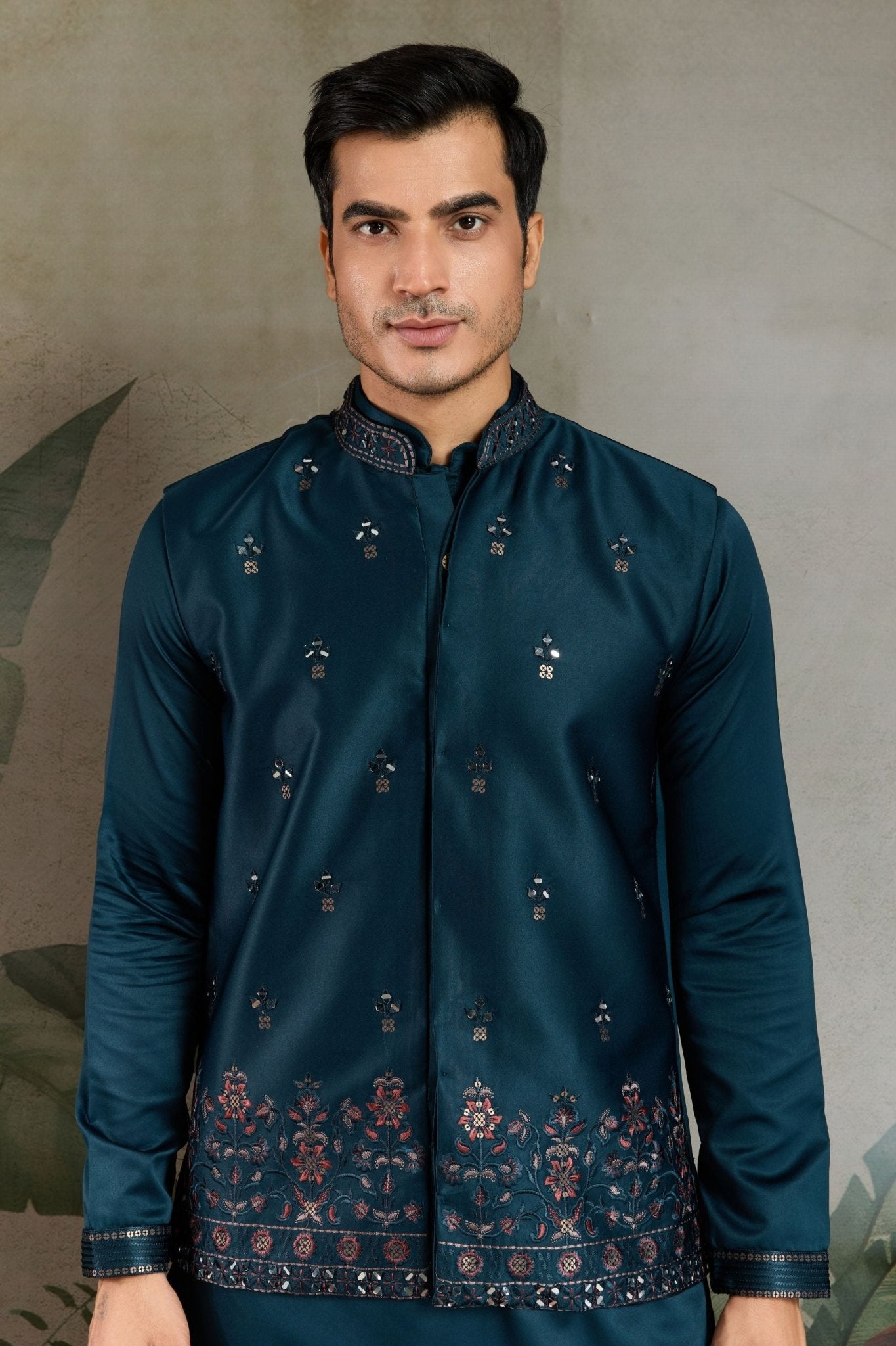 Men's Teal Green Mirror Embroidered Art Silk Kurta with Matching Pyjama - Mangaldeep NX