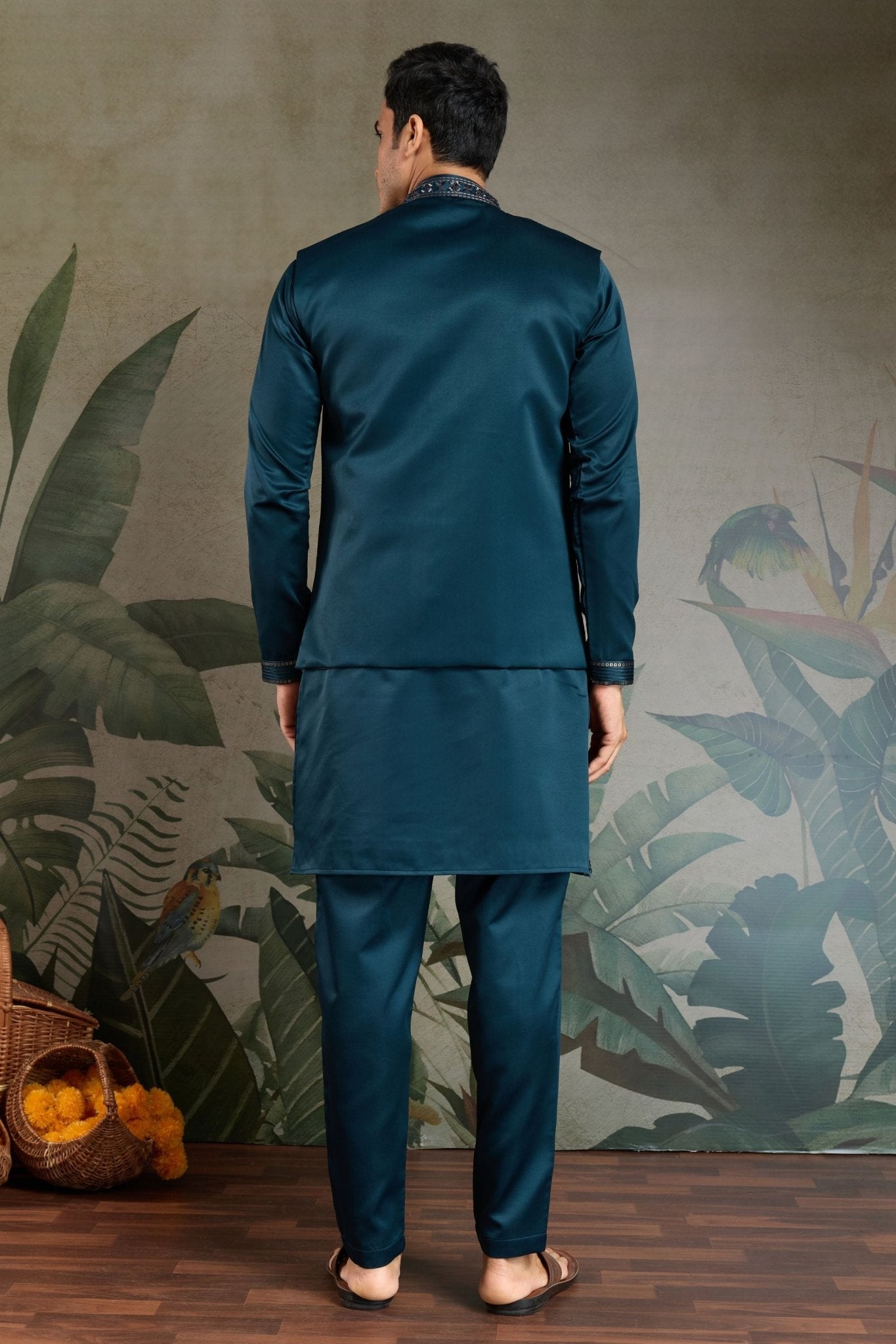 Men's Teal Green Mirror Embroidered Art Silk Kurta with Matching Pyjama - Mangaldeep NX