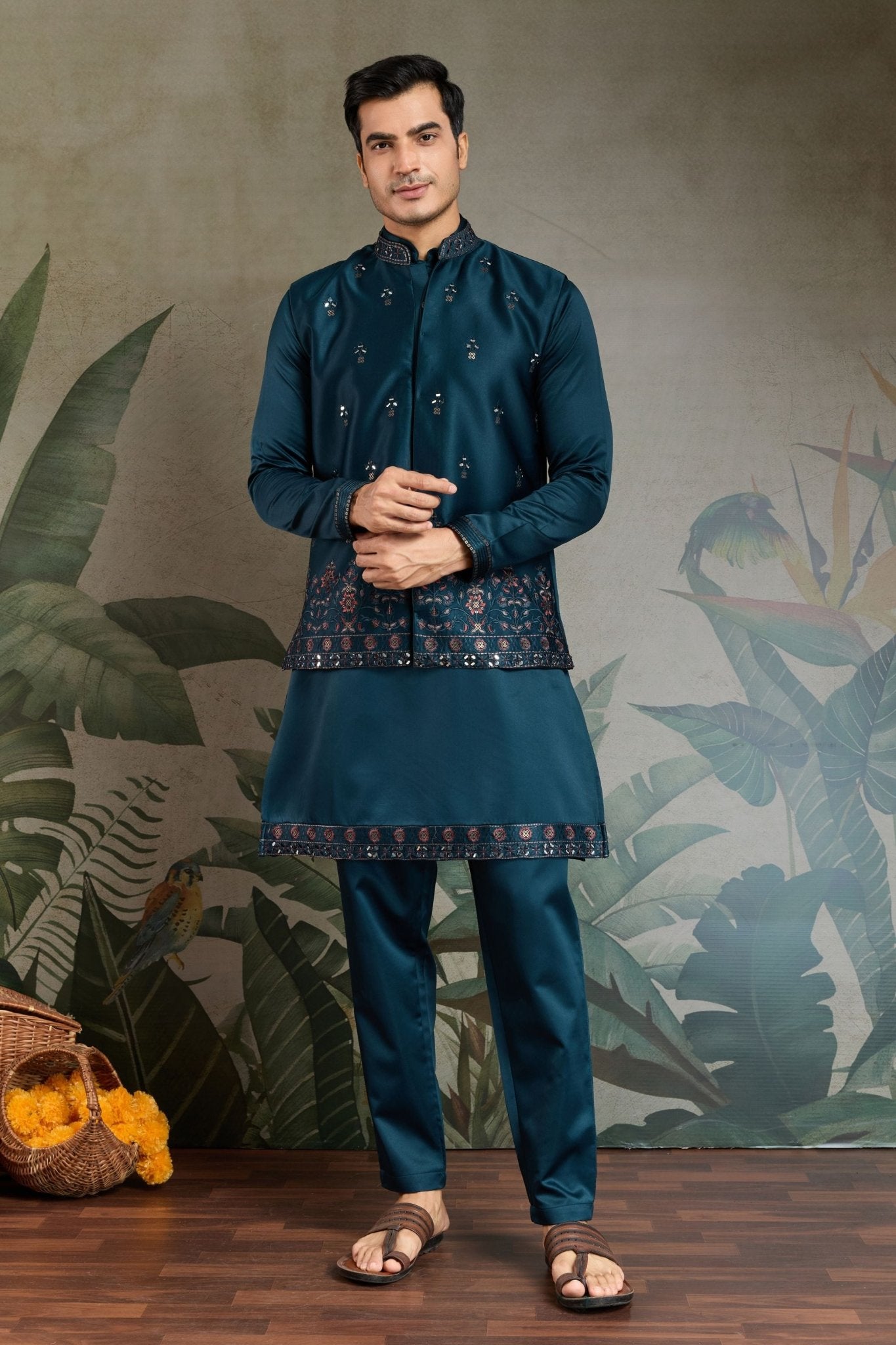 Men's Teal Green Mirror Embroidered Art Silk Kurta with Matching Pyjama - Mangaldeep NX