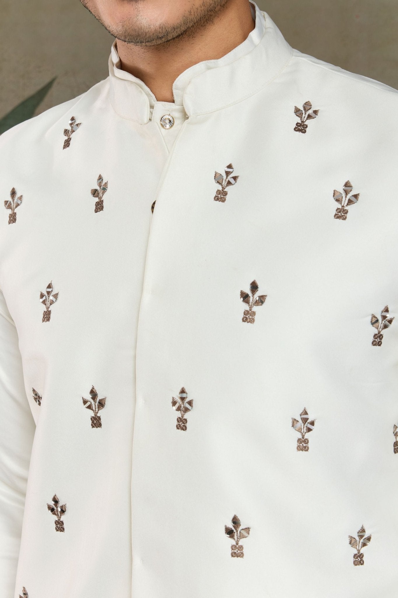 Men's White Mirror Embroidered Art Silk Kurta with Matching Pyjama - Mangaldeep NX