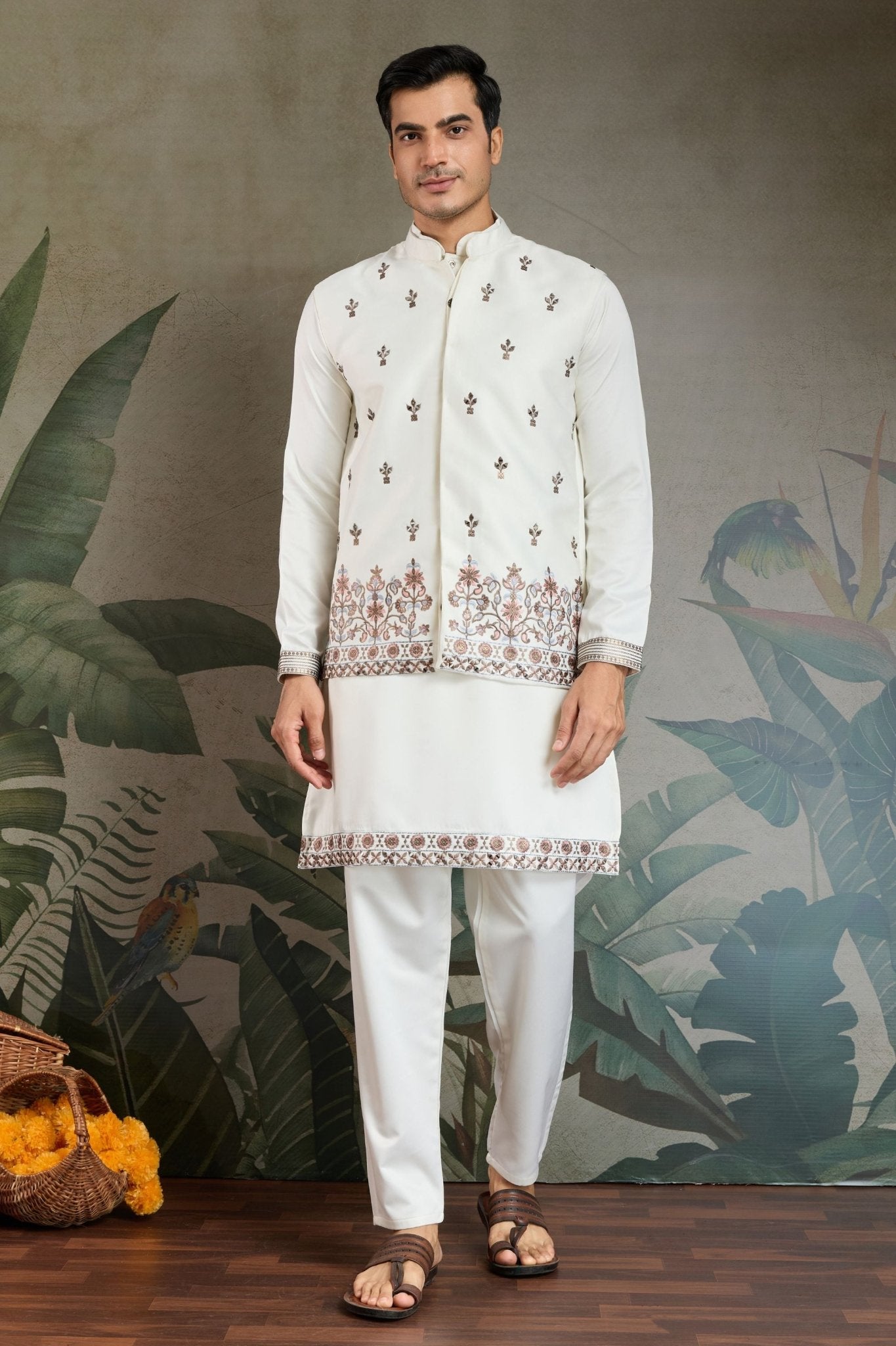 Men's White Mirror Embroidered Art Silk Kurta with Matching Pyjama - Mangaldeep NX