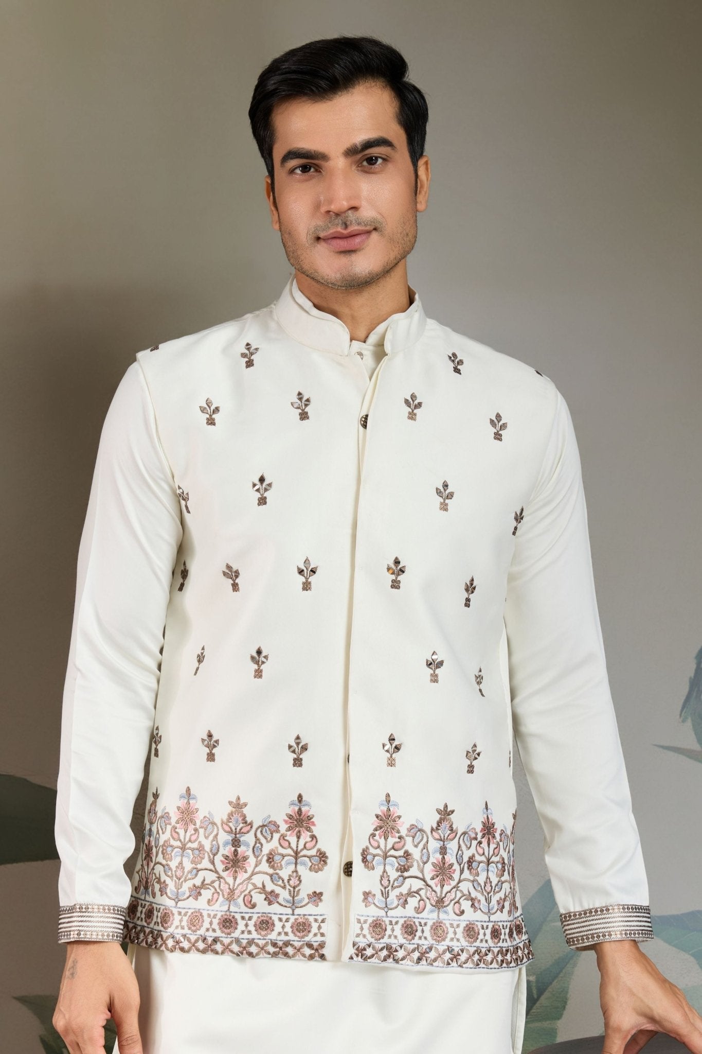 Men's White Mirror Embroidered Art Silk Kurta with Matching Pyjama - Mangaldeep NX