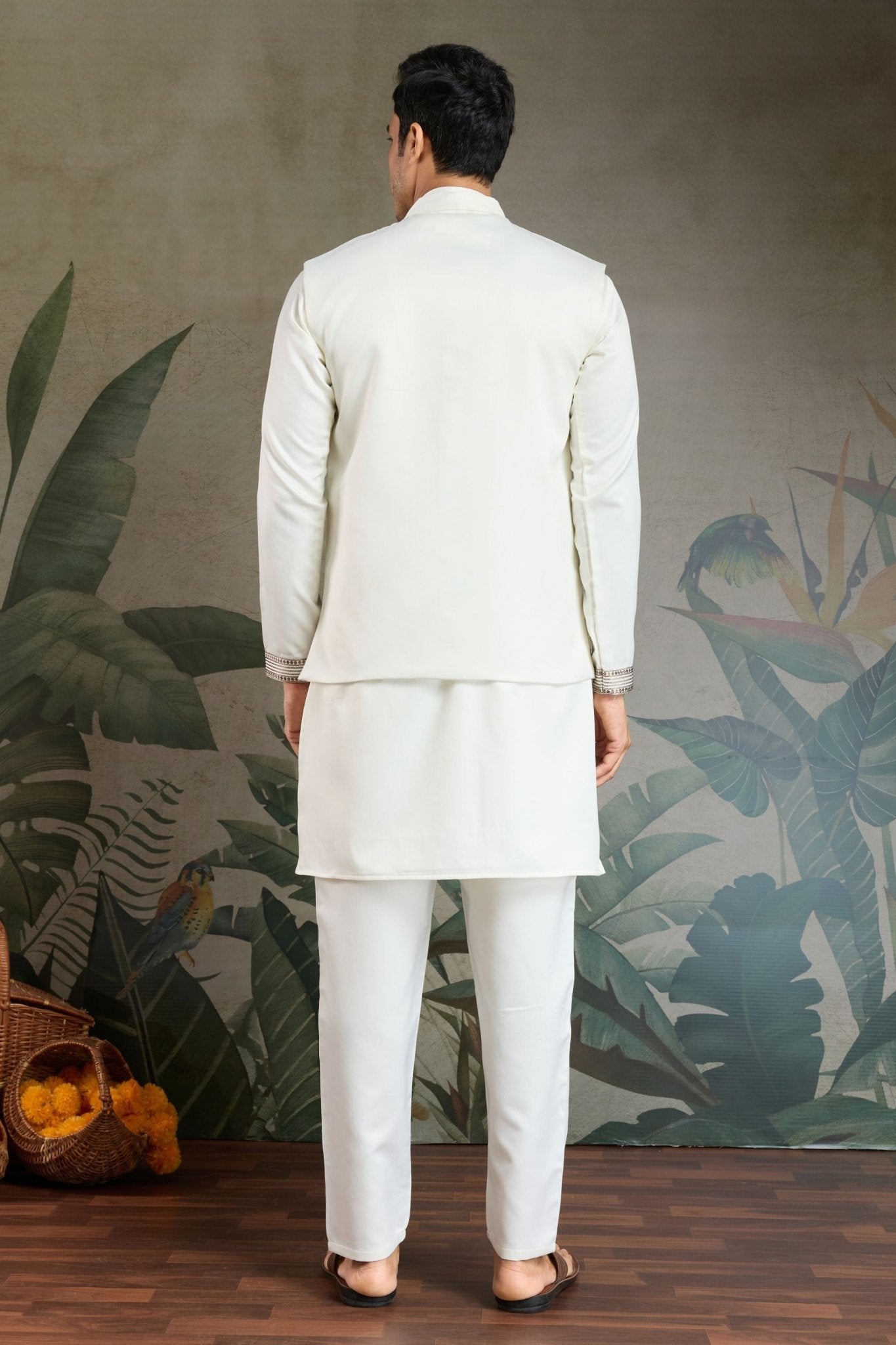 Men's White Mirror Embroidered Art Silk Kurta with Matching Pyjama - Mangaldeep NX