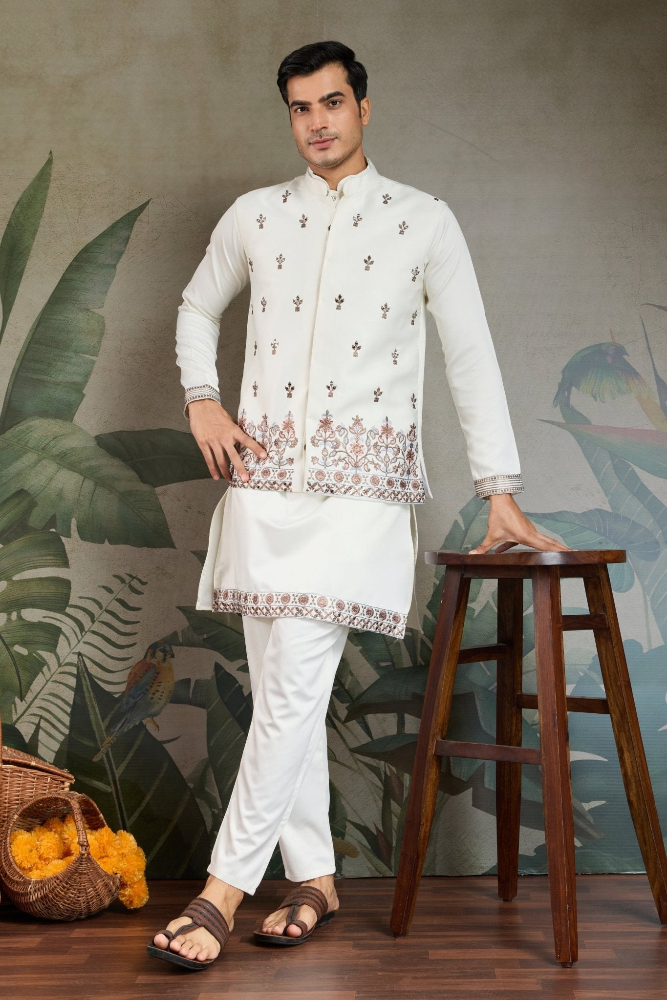 Men's White Mirror Embroidered Art Silk Kurta with Matching Pyjama - Mangaldeep NX