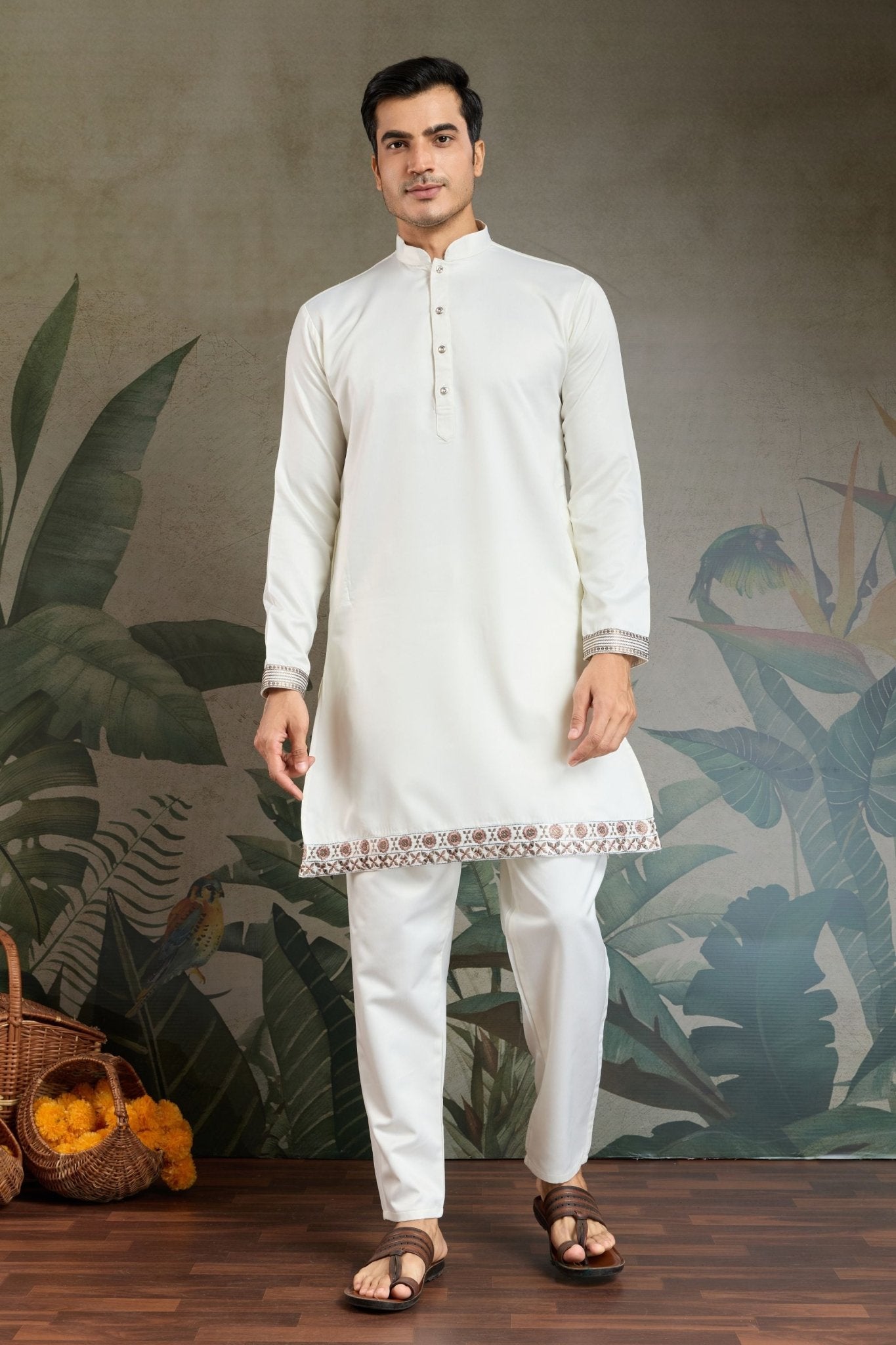 Men's White Mirror Embroidered Art Silk Kurta with Matching Pyjama - Mangaldeep NX