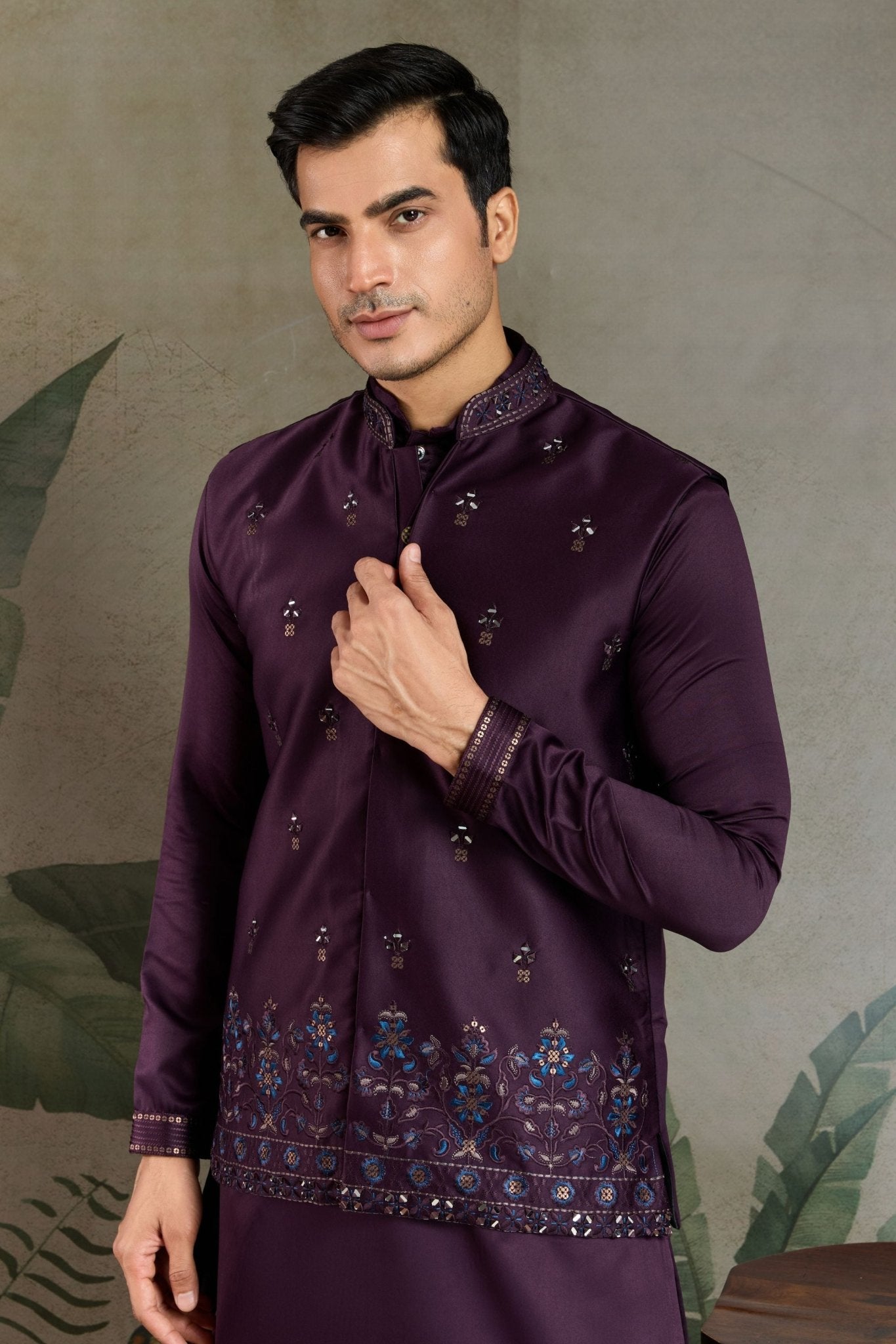 Men's Wine Mirror Embroidered Art Silk Kurta with Matching Pyjama - Mangaldeep NX