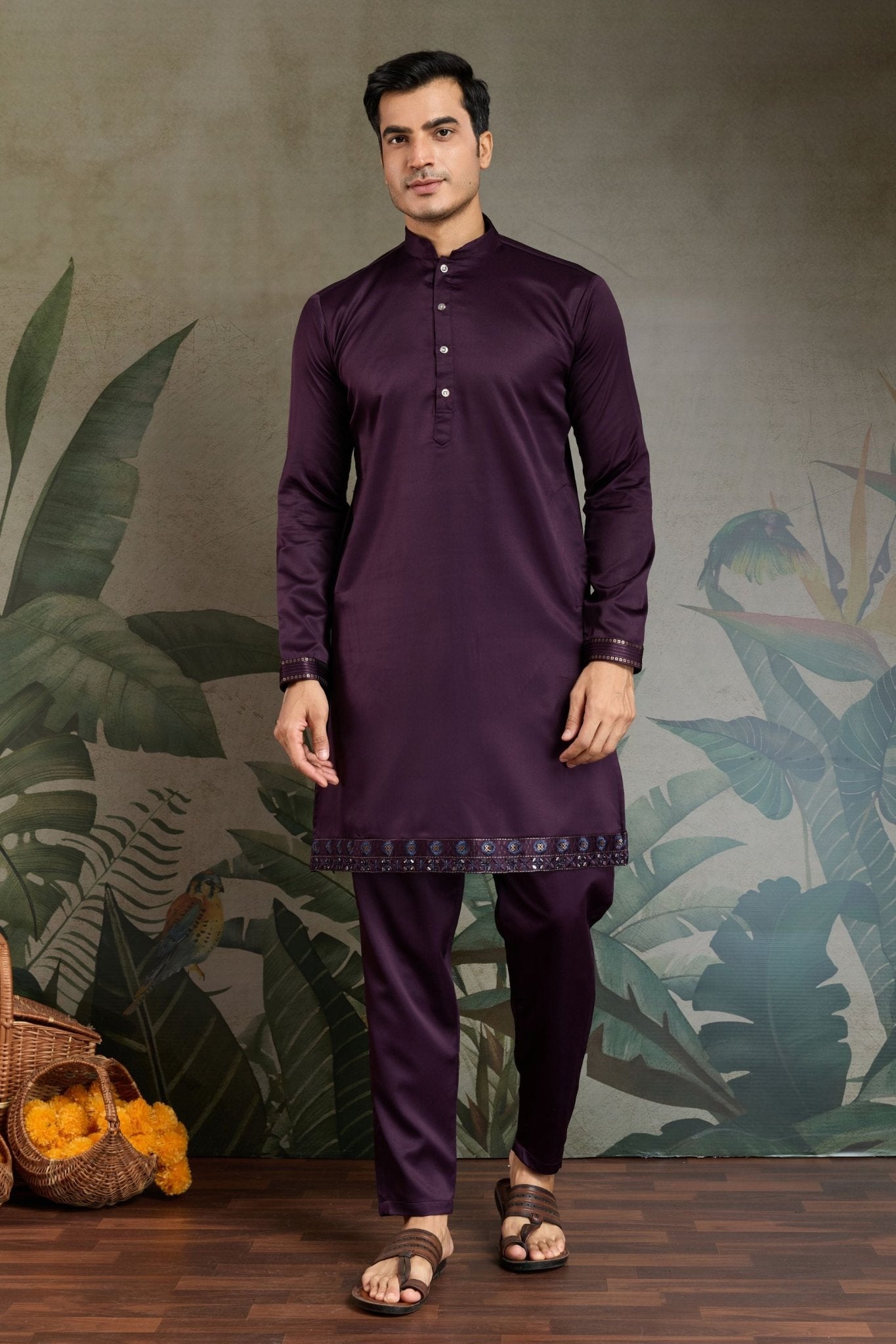 Men's Wine Mirror Embroidered Art Silk Kurta with Matching Pyjama - Mangaldeep NX