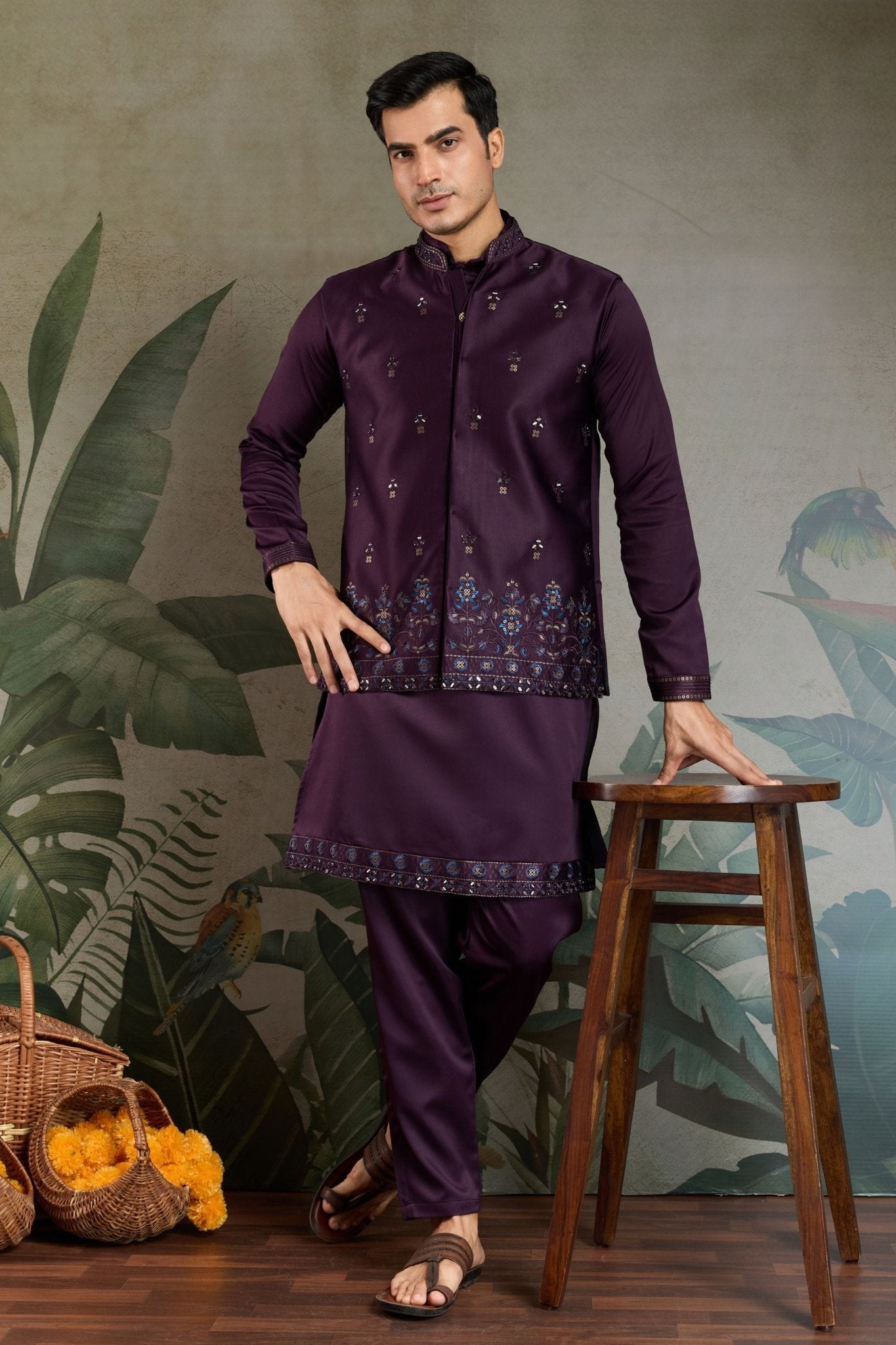 Men's Wine Mirror Embroidered Art Silk Kurta with Matching Pyjama - Mangaldeep NX