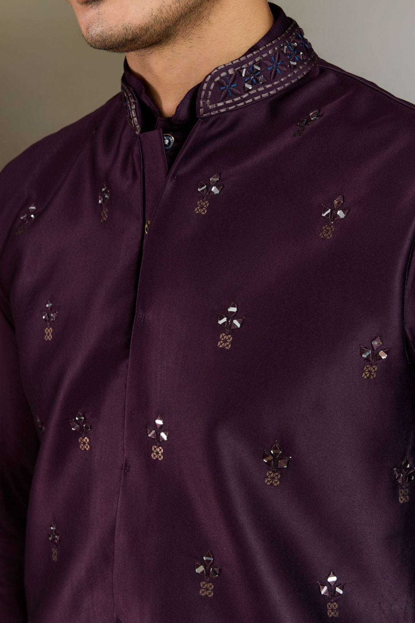 Men's Wine Mirror Embroidered Art Silk Kurta with Matching Pyjama - Mangaldeep NX