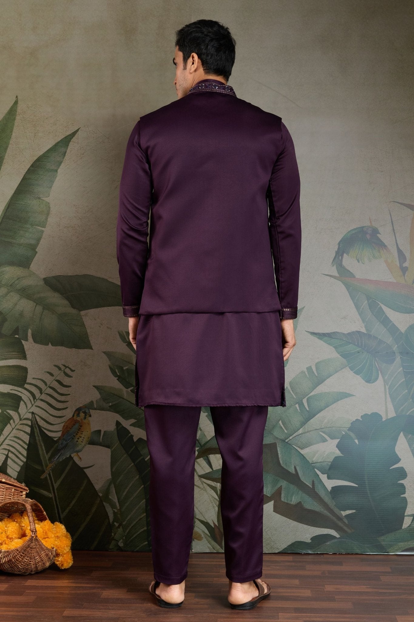 Men's Wine Mirror Embroidered Art Silk Kurta with Matching Pyjama - Mangaldeep NX